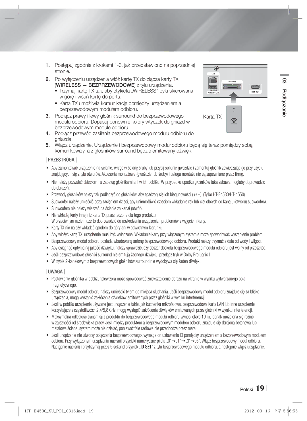 Samsung HT-E4550/EN, HT-E4500/EN manual Po wyłączeniu urządzenia włóż kartę TX do złącza karty TX, Polski 03 Podłączanie 