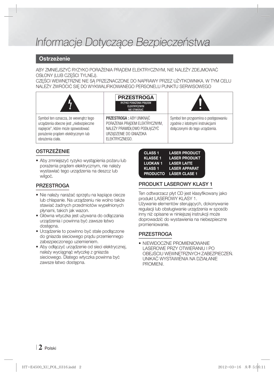 Samsung HT-E4500/EN, HT-E4550/EN manual Informacje Dotyczące Bezpieczeństwa, Ostrzeżenie, Obrażenia ciała, Polski 