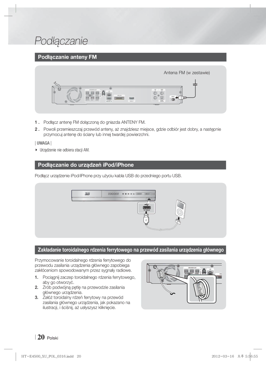 Samsung HT-E4500/EN, HT-E4550/EN manual Podłączanie anteny FM, Podłączanie do urządzeń iPod/iPhone, Antena FM w zestawie 