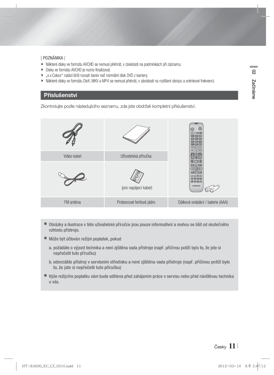 Samsung HT-E4550/EN, HT-E4500/EN manual Příslušenství, Pro napájecí kabel, 02 Začínáme Česky 