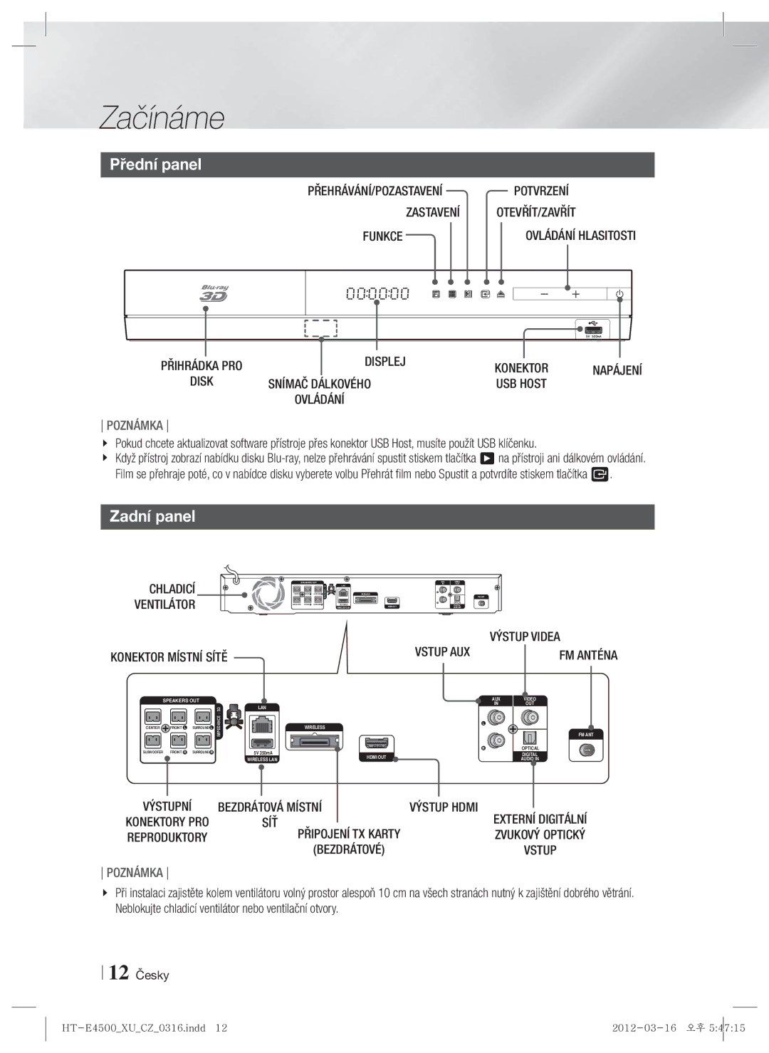 Samsung HT-E4500/EN, HT-E4550/EN manual Přední panel, Zadní panel 