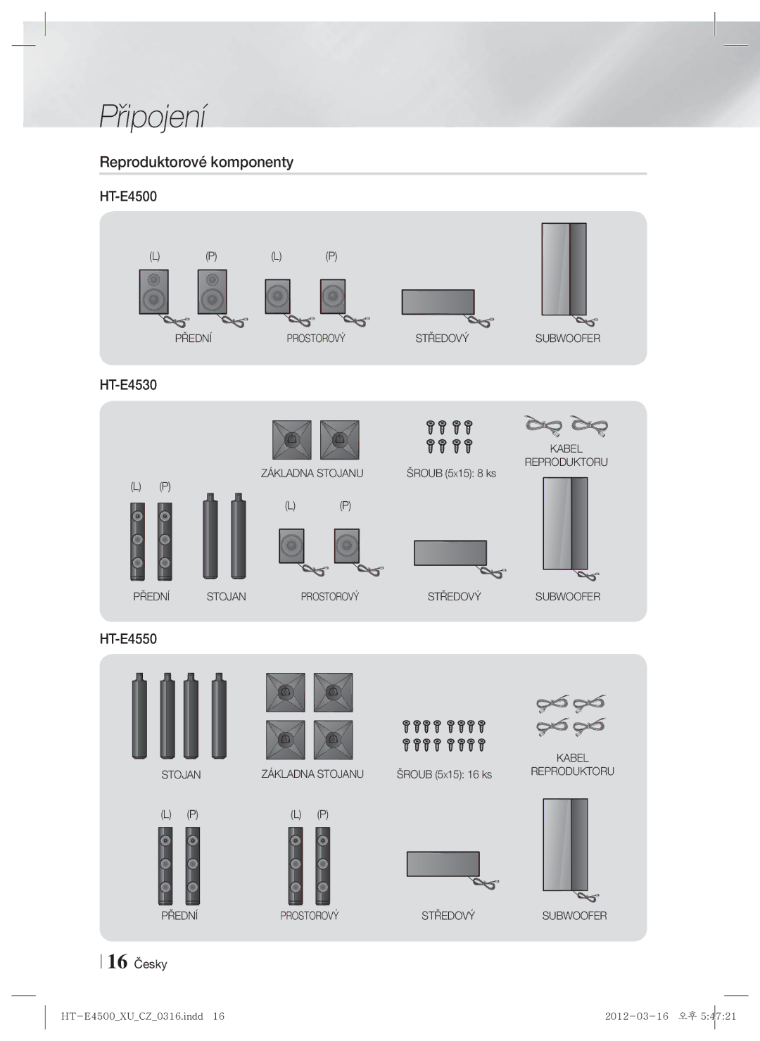 Samsung HT-E4500/EN, HT-E4550/EN manual Reproduktorové komponenty, 16 Česky, Šroub 5 X15 16 ks 