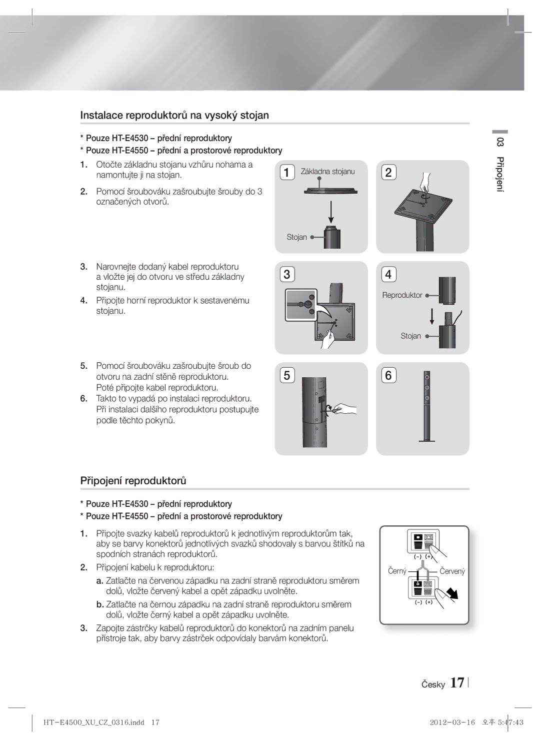 Samsung HT-E4550/EN, HT-E4500/EN manual Instalace reproduktorů na vysoký stojan, Připojení reproduktorů, Podle těchto pokynů 