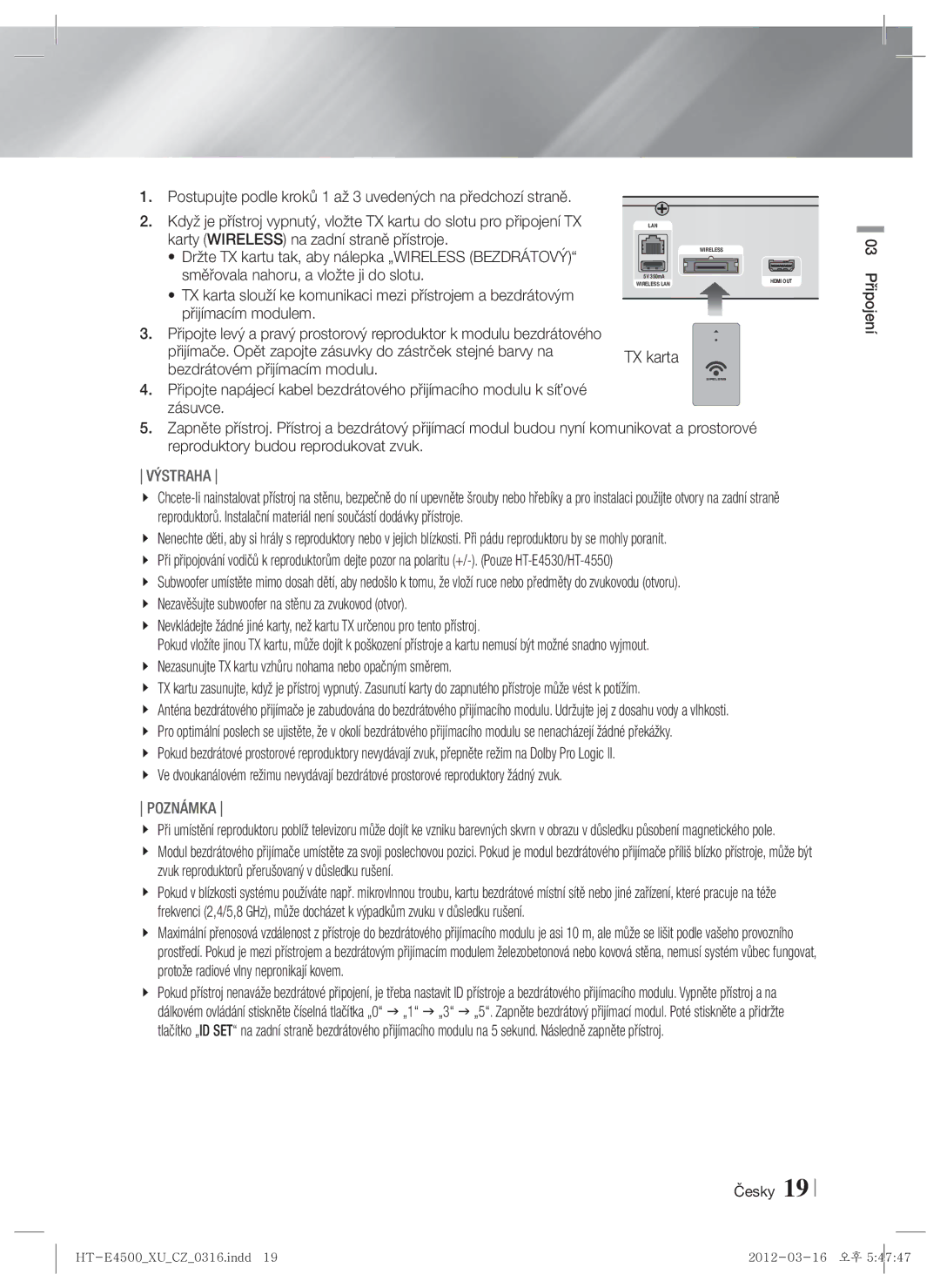 Samsung HT-E4550/EN, HT-E4500/EN manual Karty Wireless na zadní straně přístroje, Česky 03 Připojení 