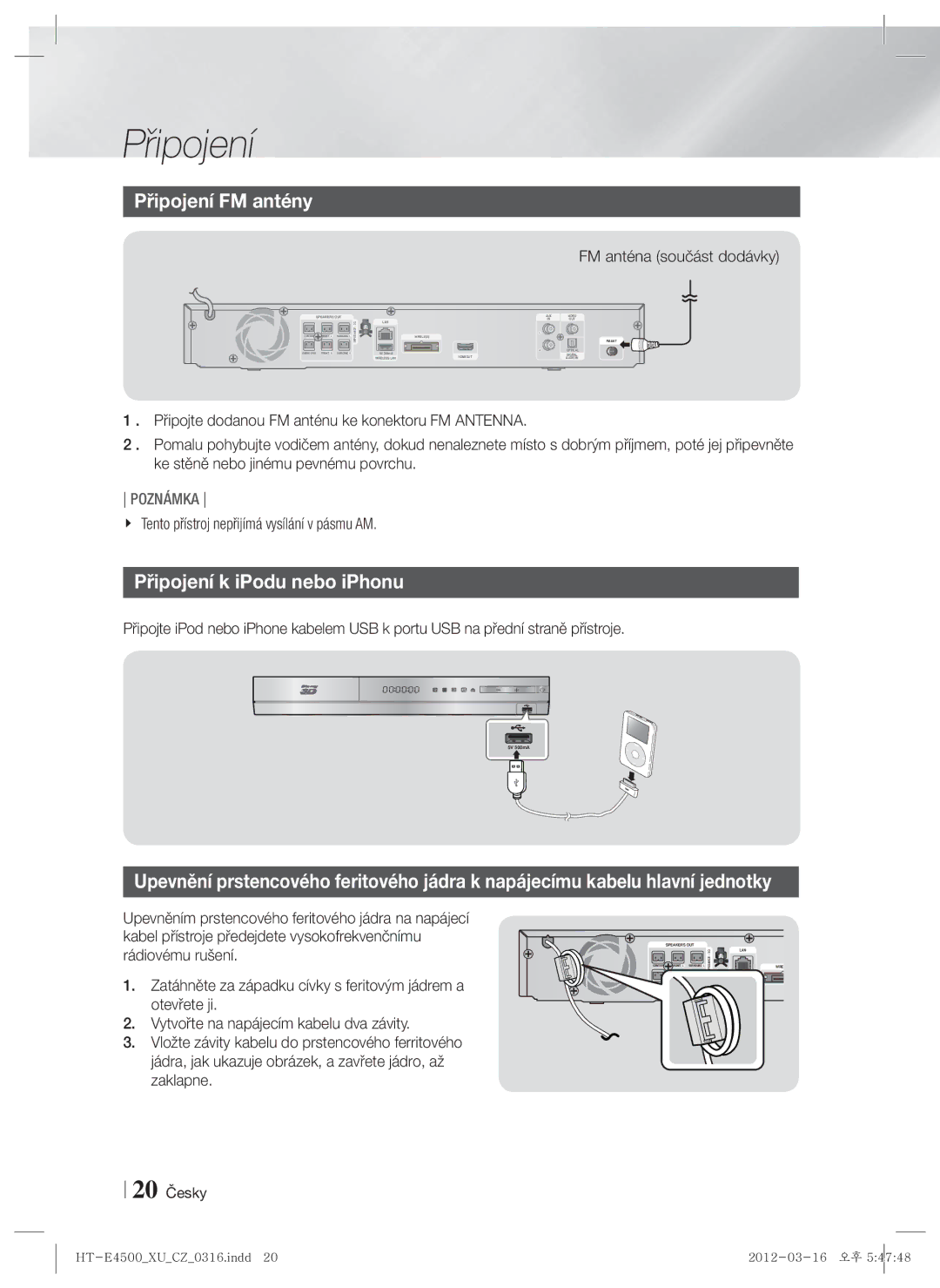Samsung HT-E4500/EN, HT-E4550/EN Připojení FM antény, Připojení k iPodu nebo iPhonu, FM anténa součást dodávky, 20 Česky 