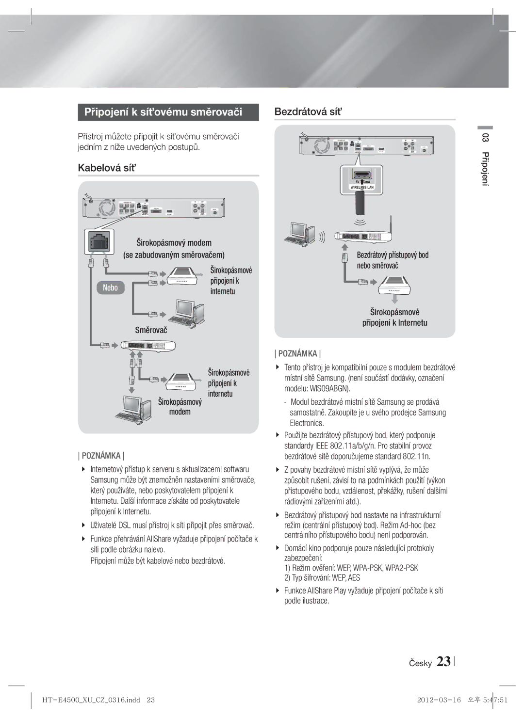 Samsung HT-E4550/EN, HT-E4500/EN manual Připojení k síťovému směrovači, Kabelová síť 