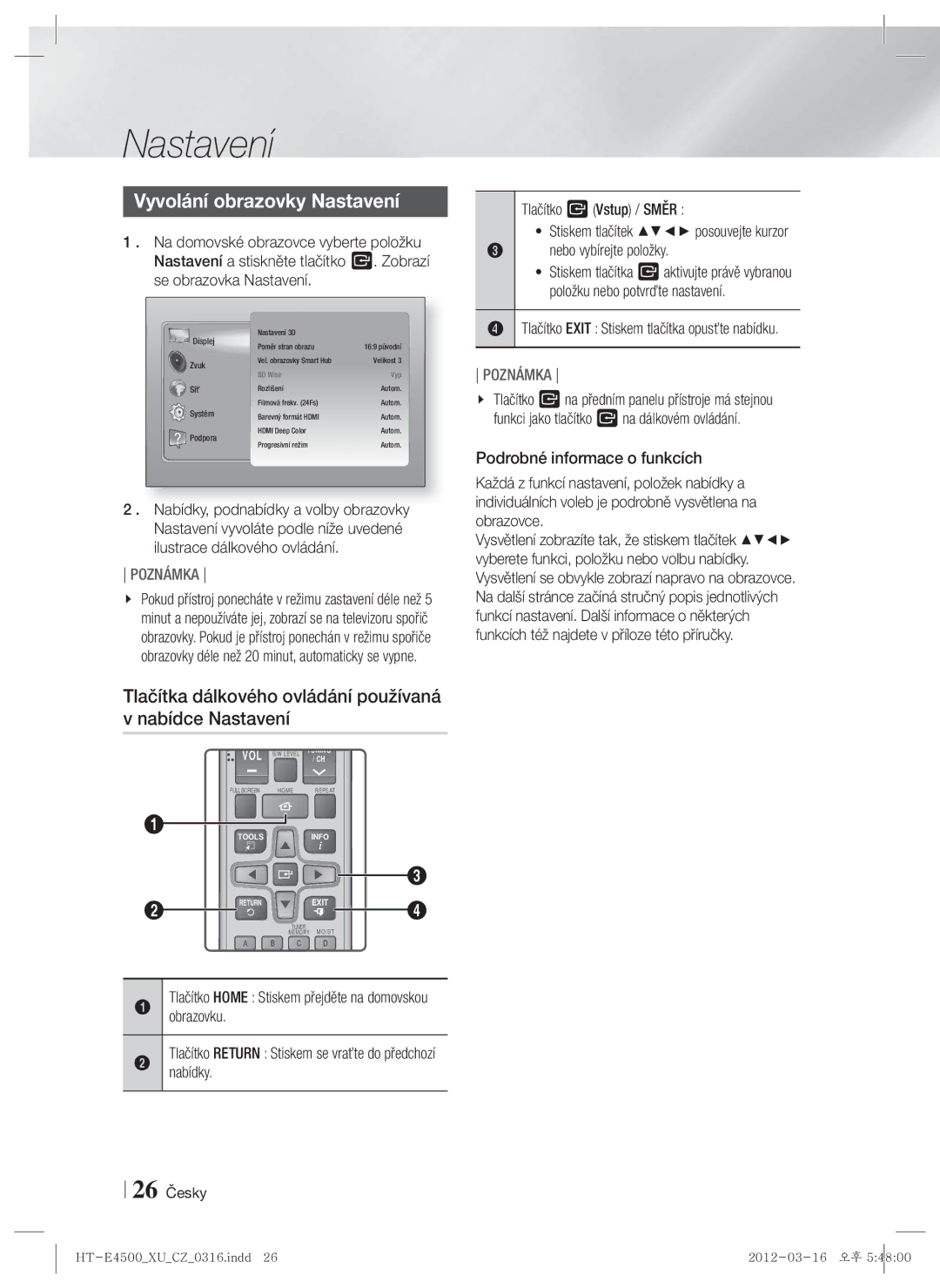 Samsung HT-E4500/EN Vyvolání obrazovky Nastavení, Tlačítka dálkového ovládání používaná v nabídce Nastavení, 26 Česky 
