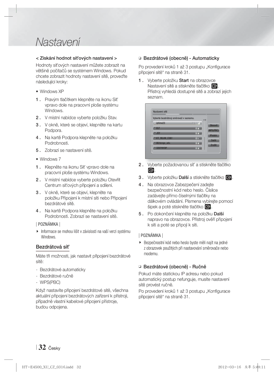 Samsung HT-E4500/EN, HT-E4550/EN manual Bezdrátová síť, 32 Česky 