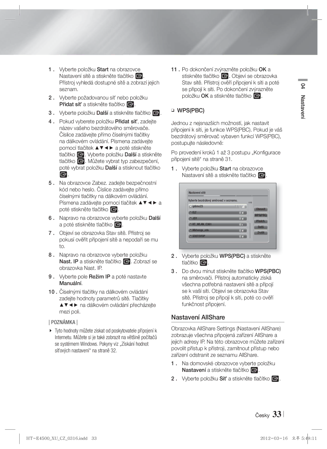 Samsung HT-E4550/EN, HT-E4500/EN manual Nastavení AllShare, Vyberte položku Wpspbc a stiskněte tlačítko E 