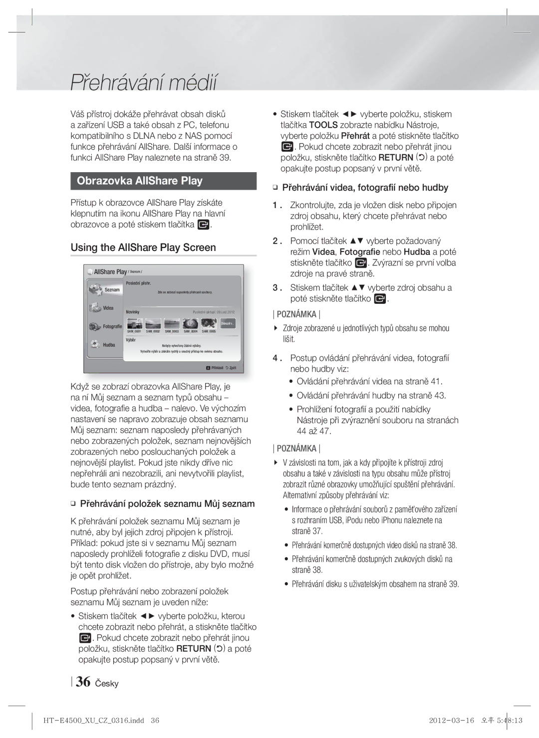 Samsung HT-E4500/EN, HT-E4550/EN manual Přehrávání médií, Obrazovka AllShare Play, Using the AllShare Play Screen 