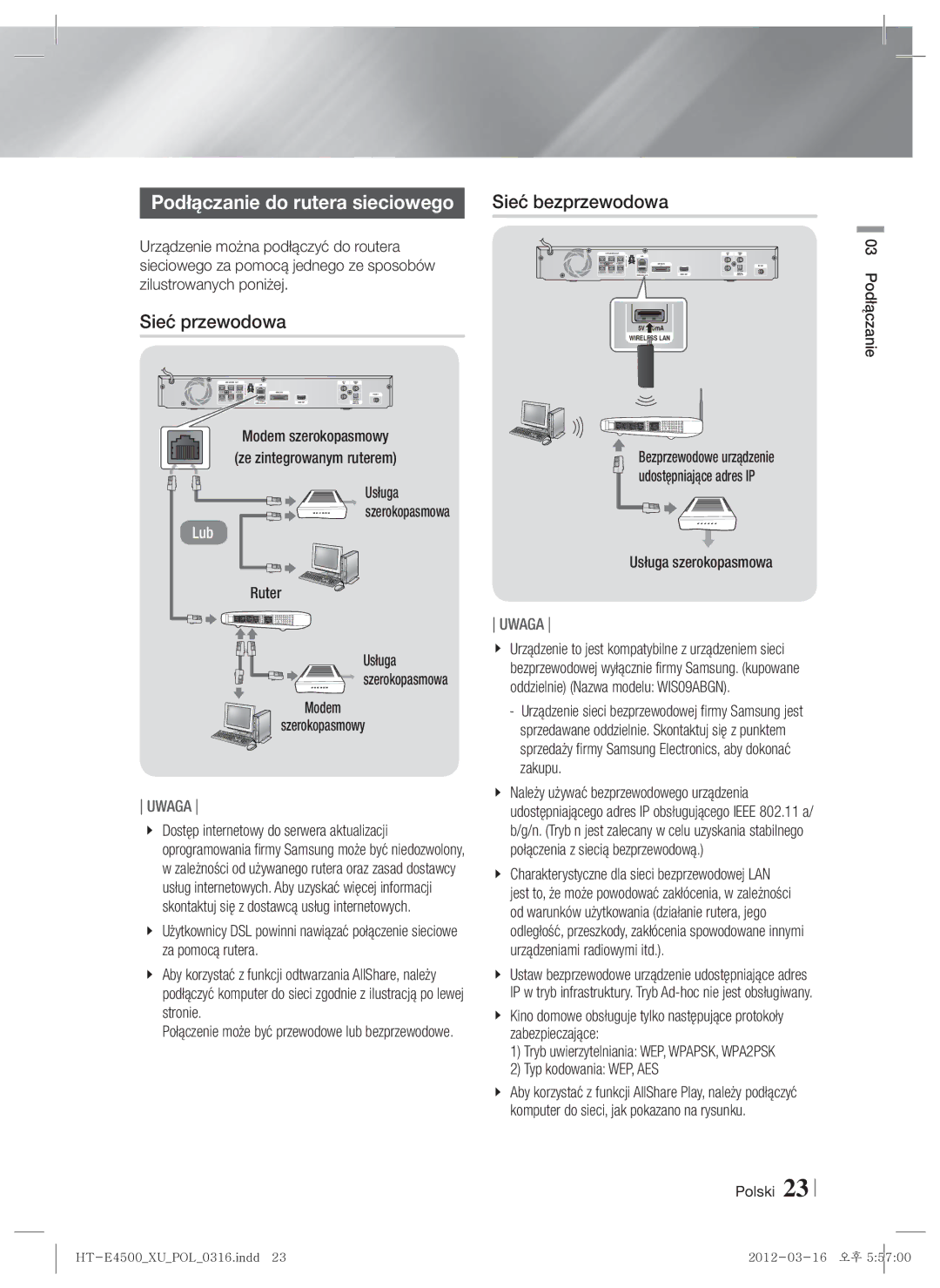 Samsung HT-E4550/EN, HT-E4500/EN manual Sieć przewodowa 