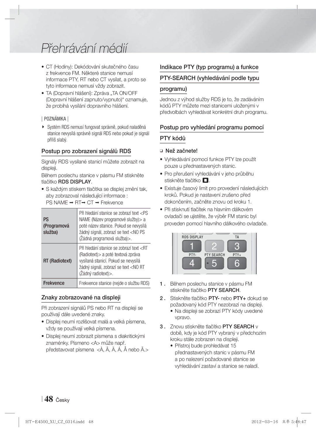 Samsung HT-E4500/EN, HT-E4550/EN manual Postup pro zobrazení signálů RDS, Znaky zobrazované na displeji, PS Name 