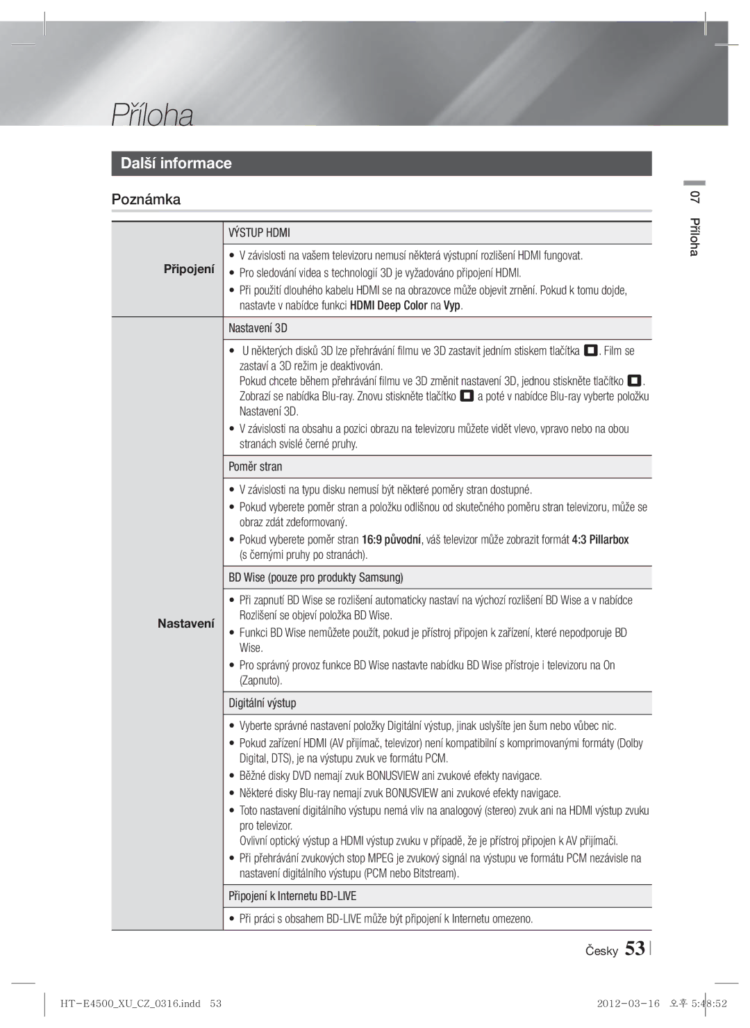 Samsung HT-E4550/EN, HT-E4500/EN manual Příloha, Další informace, Připojení, Nastavení 