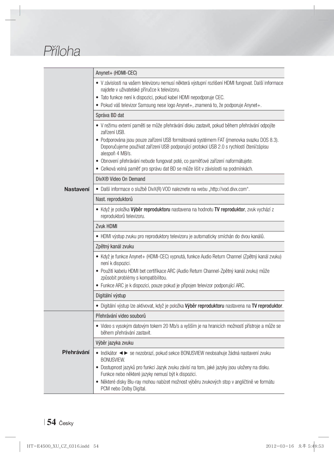 Samsung HT-E4500/EN, HT-E4550/EN manual Bonusview, 54 Česky 
