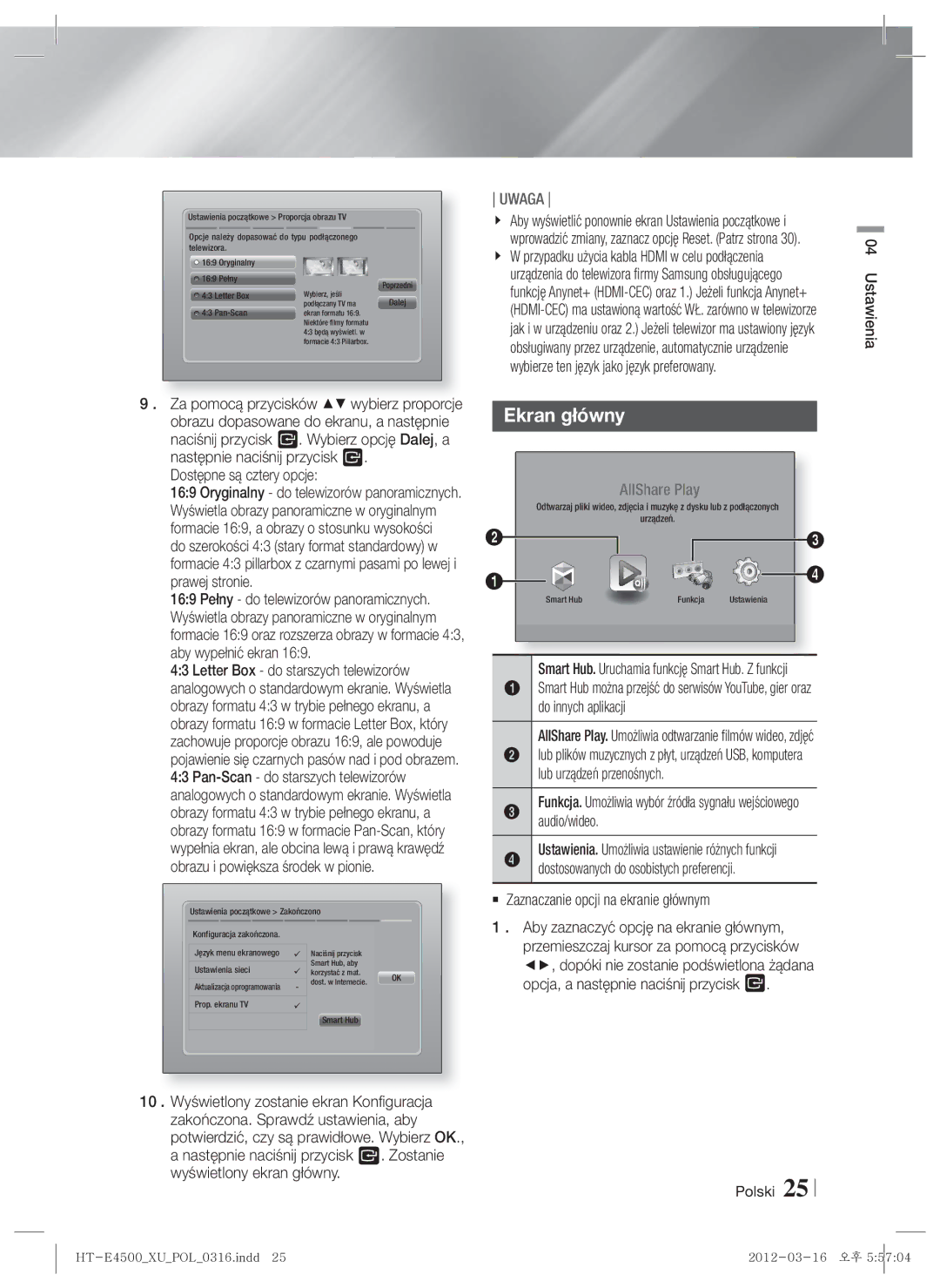 Samsung HT-E4550/EN manual Ekran główny, Dostępne są cztery opcje,  Zaznaczanie opcji na ekranie głównym, Ustawienia 