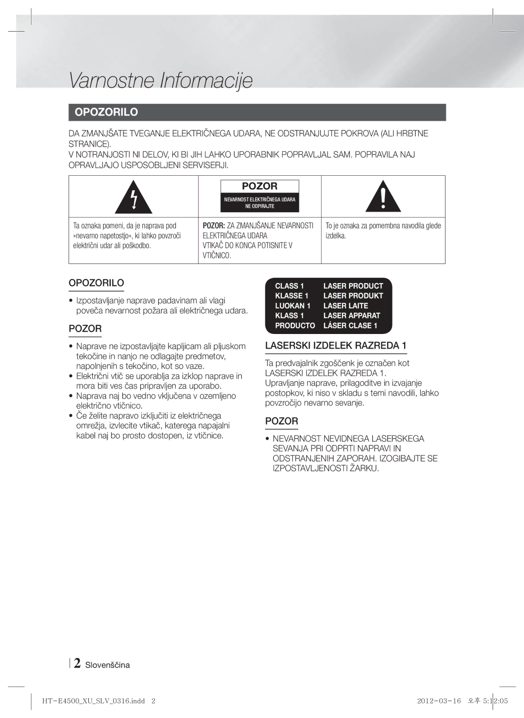 Samsung HT-E4500/EN, HT-E4550/EN manual Varnostne Informacije, Izdelka, Električni udar ali poškodbo, Slovenščina 