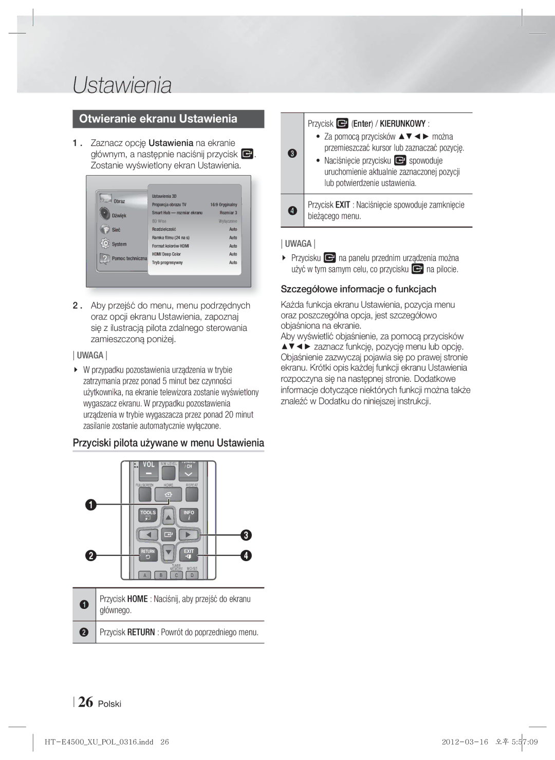 Samsung HT-E4500/EN, HT-E4550/EN manual Otwieranie ekranu Ustawienia 