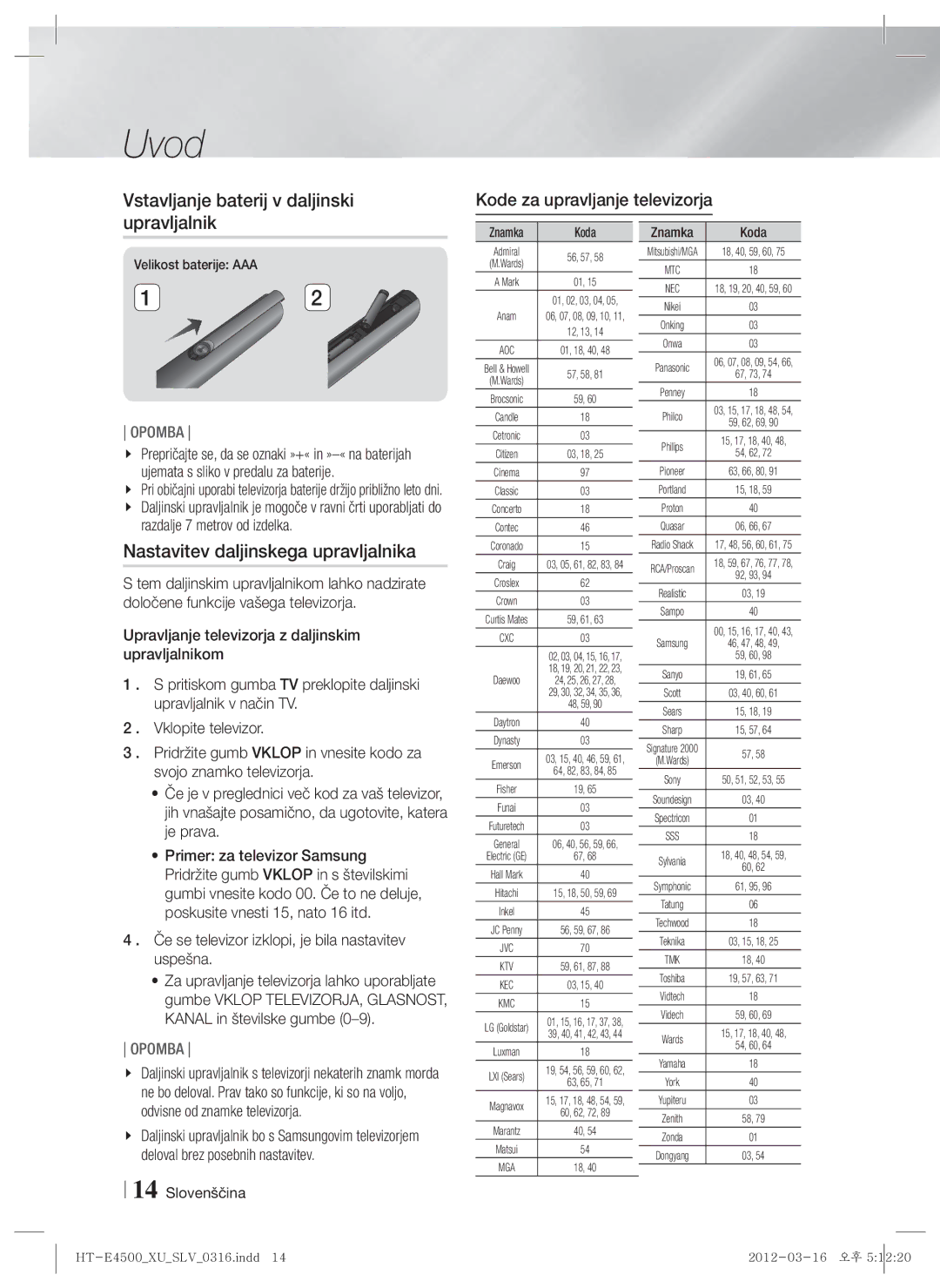 Samsung HT-E4500/EN, HT-E4550/EN manual Vstavljanje baterij v daljinski upravljalnik, Nastavitev daljinskega upravljalnika 