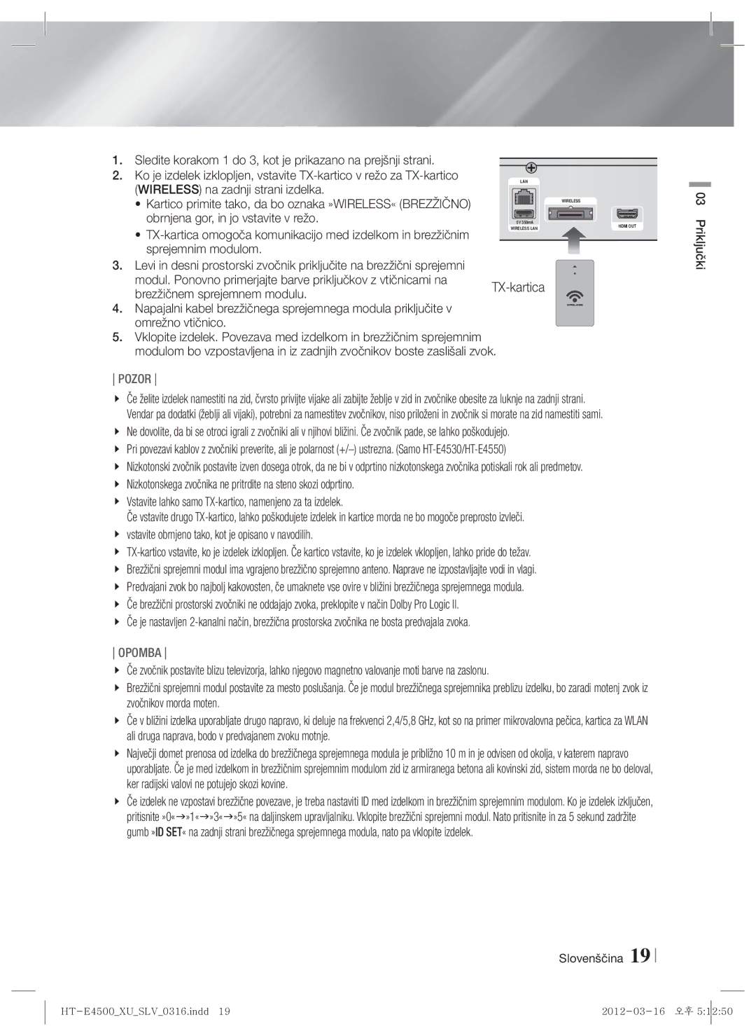 Samsung HT-E4550/EN, HT-E4500/EN manual Pozor, Vstavite lahko samo TX-kartico, namenjeno za ta izdelek 