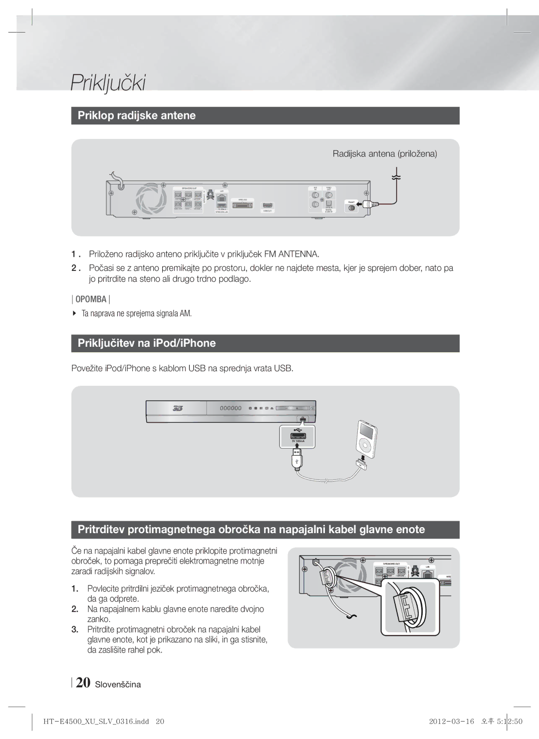 Samsung HT-E4500/EN, HT-E4550/EN manual Priklop radijske antene, Priključitev na iPod/iPhone, Radijska antena priložena 