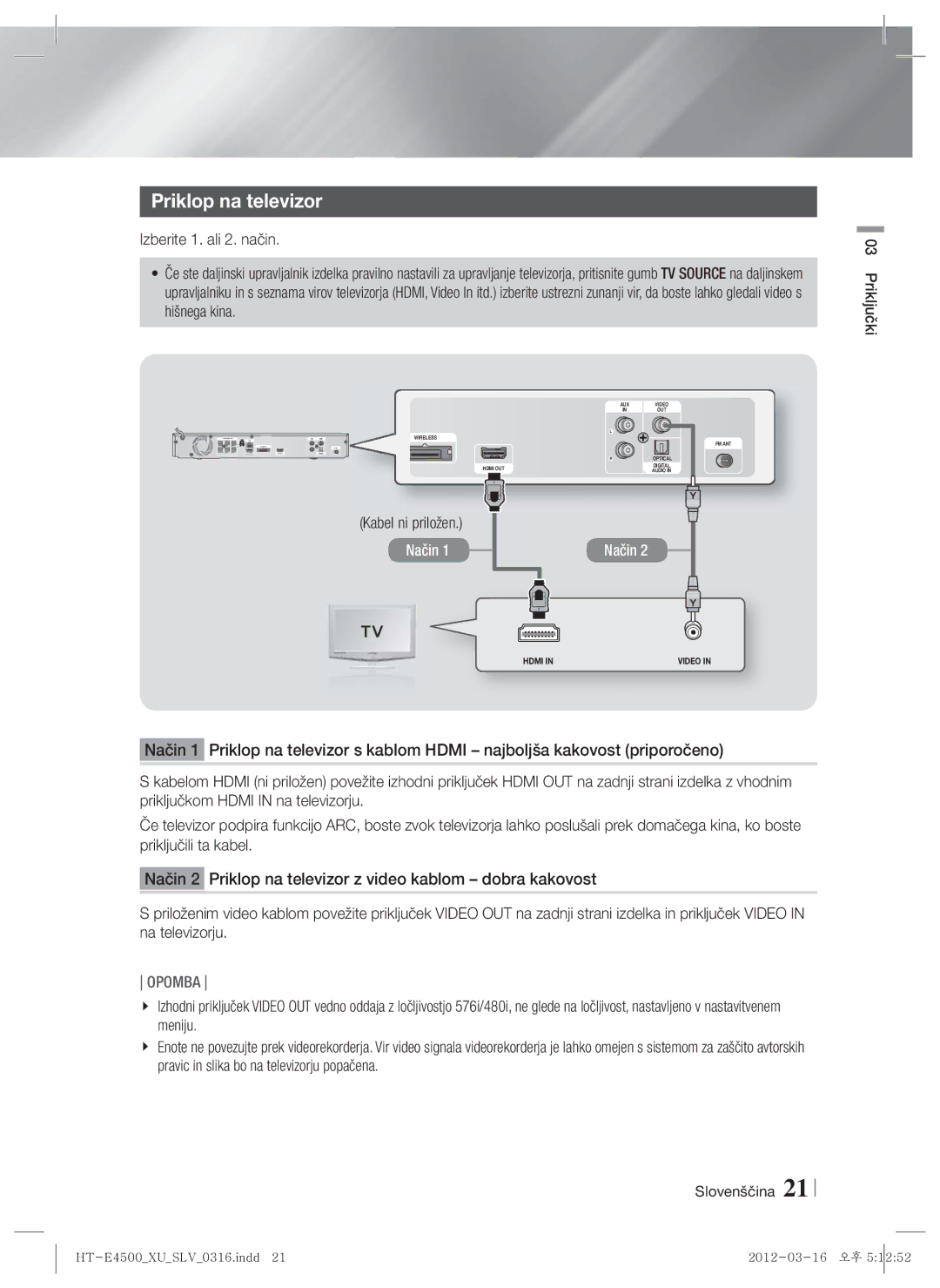 Samsung HT-E4550/EN, HT-E4500/EN manual Priklop na televizor, Kabel ni priložen, Slovenščina Priključki 