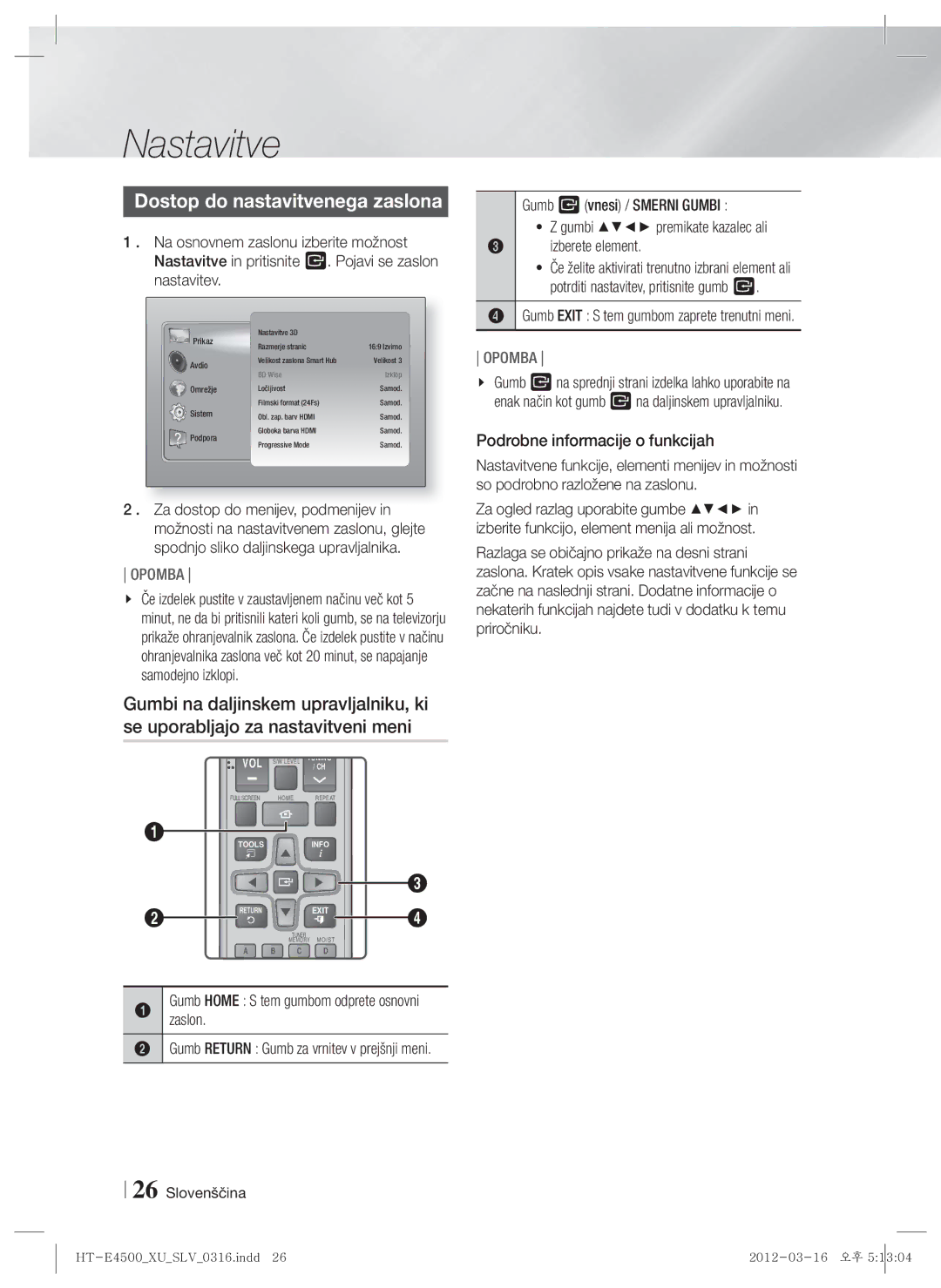 Samsung HT-E4500/EN, HT-E4550/EN manual Dostop do nastavitvenega zaslona, Gumb Exit S tem gumbom zaprete trenutni meni 