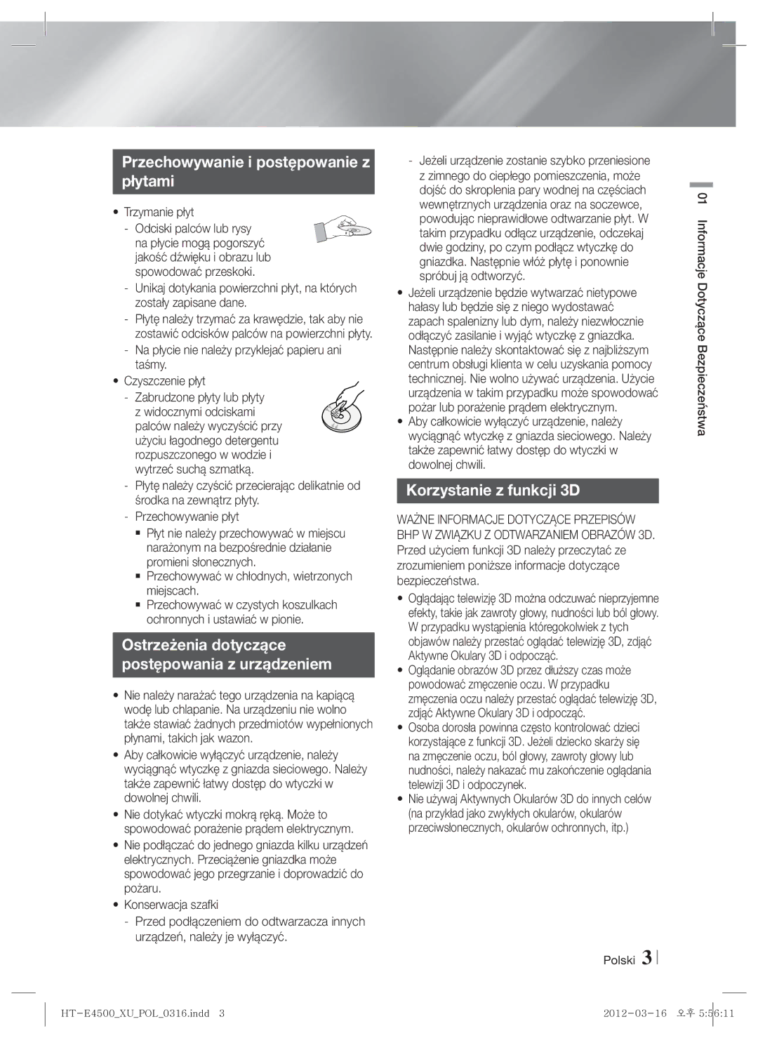 Samsung HT-E4550/EN, HT-E4500/EN Przechowywanie i postępowanie z Płytami, Ostrzeżenia dotyczące Postępowania z urządzeniem 