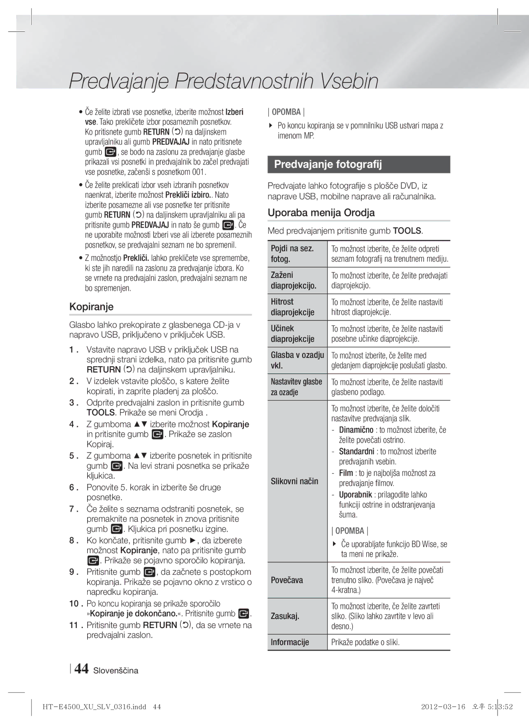 Samsung HT-E4500/EN, HT-E4550/EN manual Kopiranje, Predvajanje fotografij 