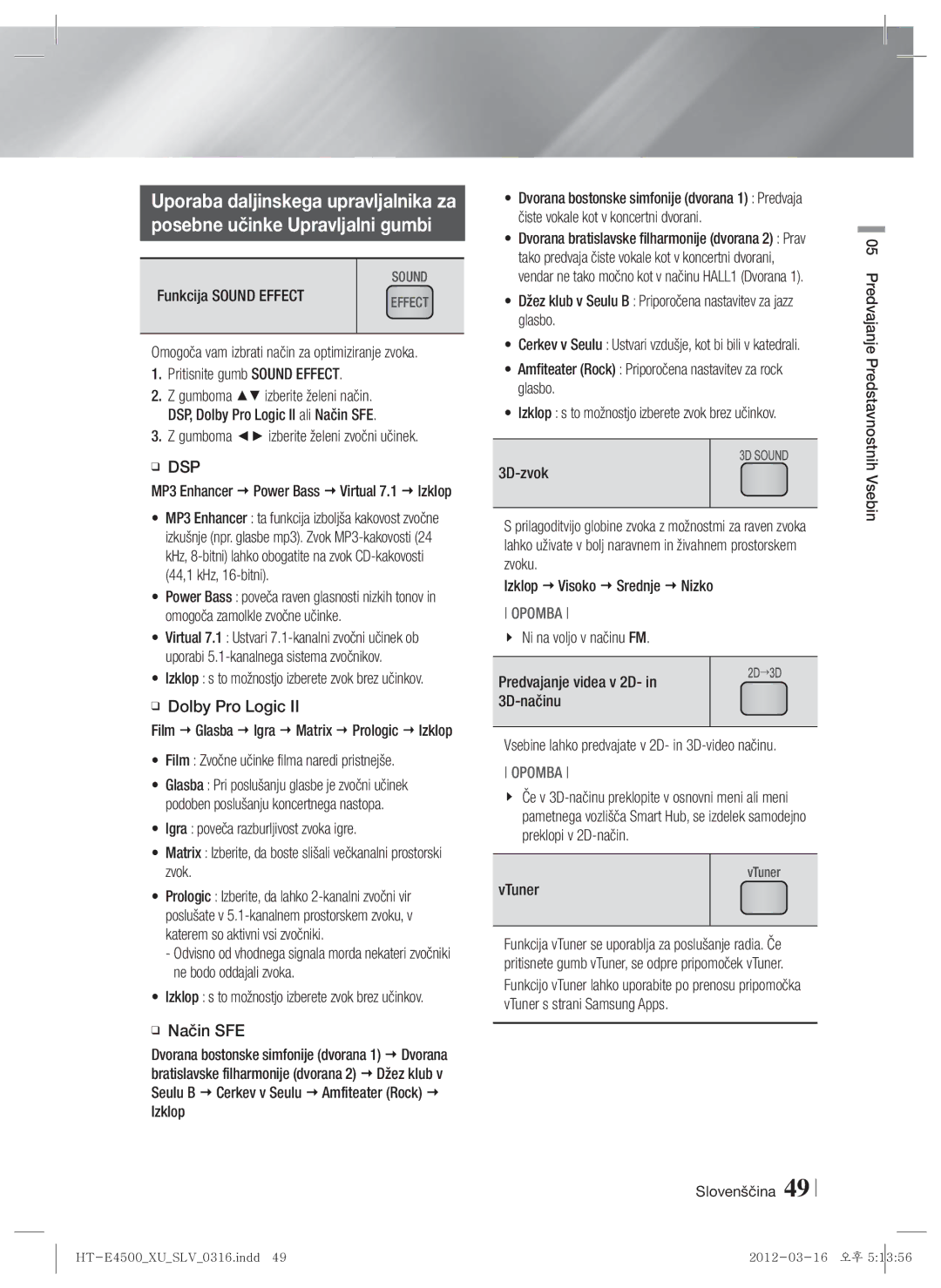 Samsung HT-E4550/EN, HT-E4500/EN manual Posebne učinke Upravljalni gumbi 