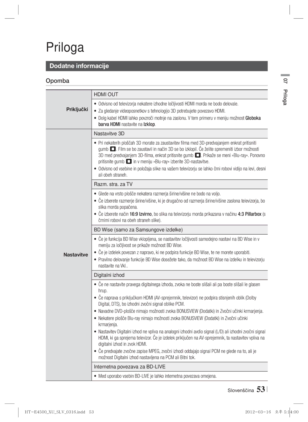 Samsung HT-E4550/EN, HT-E4500/EN manual Dodatne informacije, Opomba, Slovenščina Priloga 