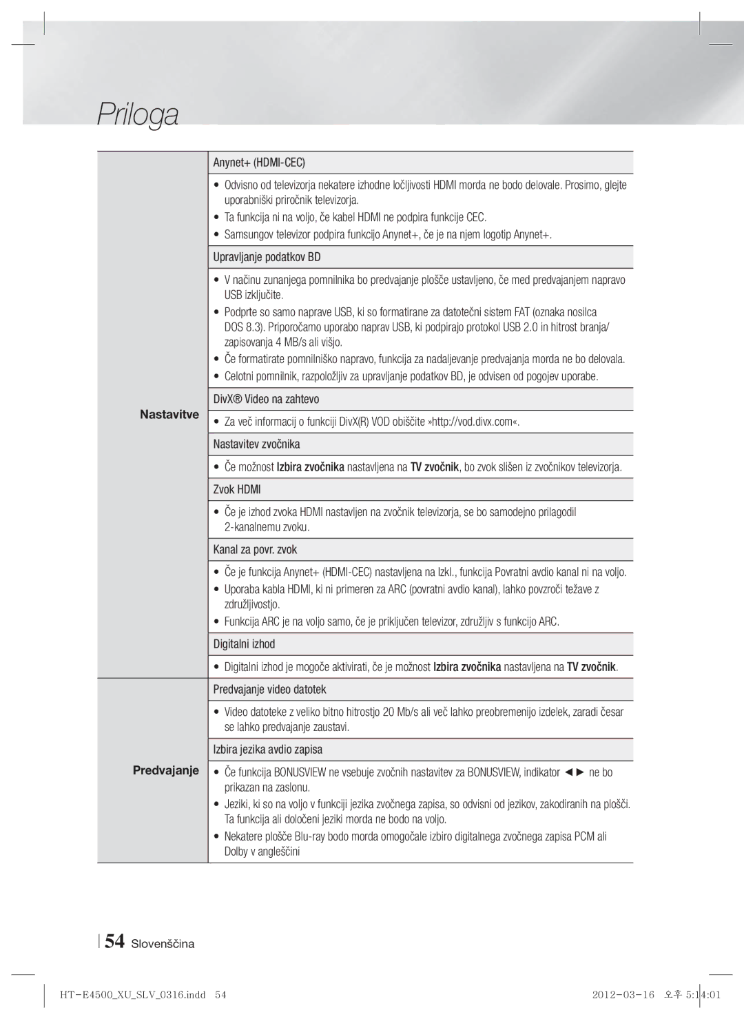 Samsung HT-E4500/EN, HT-E4550/EN manual Nastavitve 