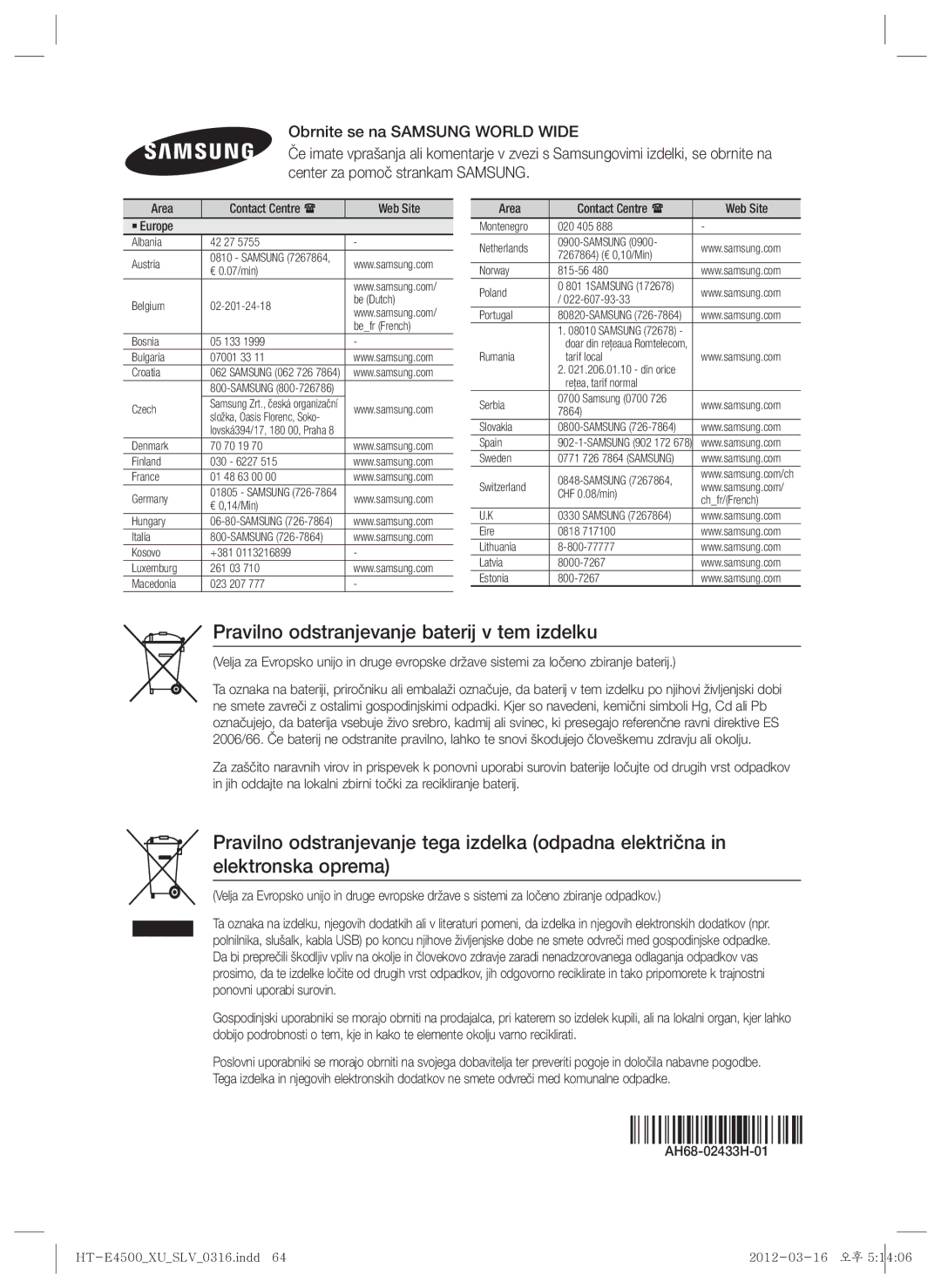 Samsung HT-E4500/EN, HT-E4550/EN manual Pravilno odstranjevanje baterij v tem izdelku, AH68-02433H-01 