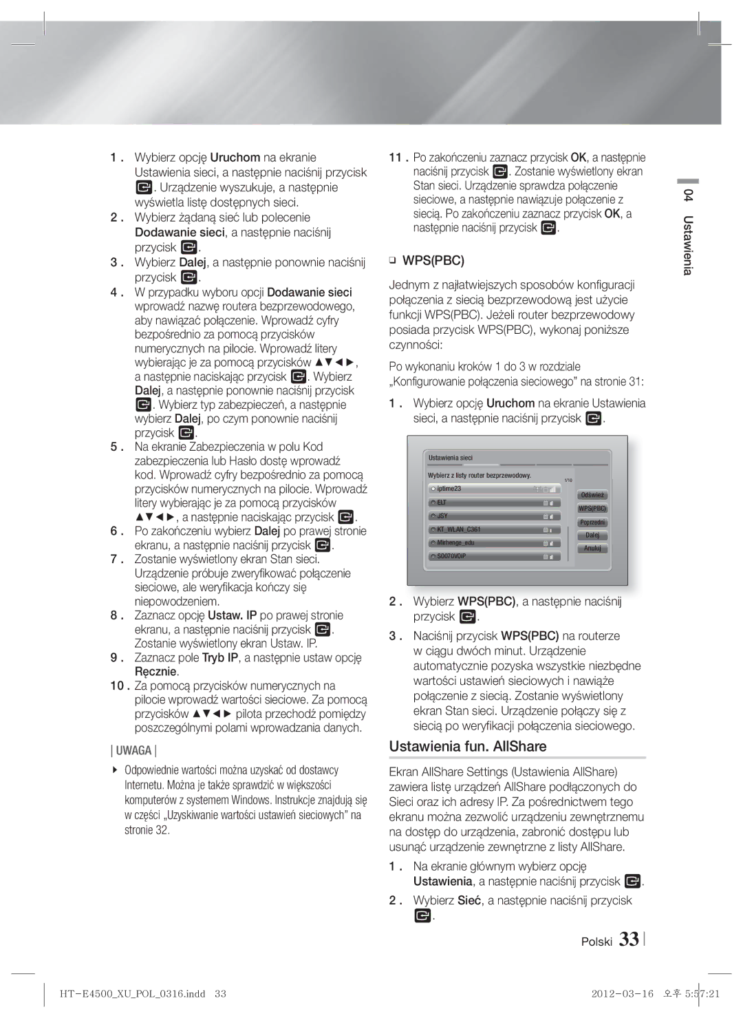 Samsung HT-E4550/EN, HT-E4500/EN Ustawienia fun. AllShare, Niepowodzeniem, Wybierz WPSPBC, a następnie naciśnij przycisk E 