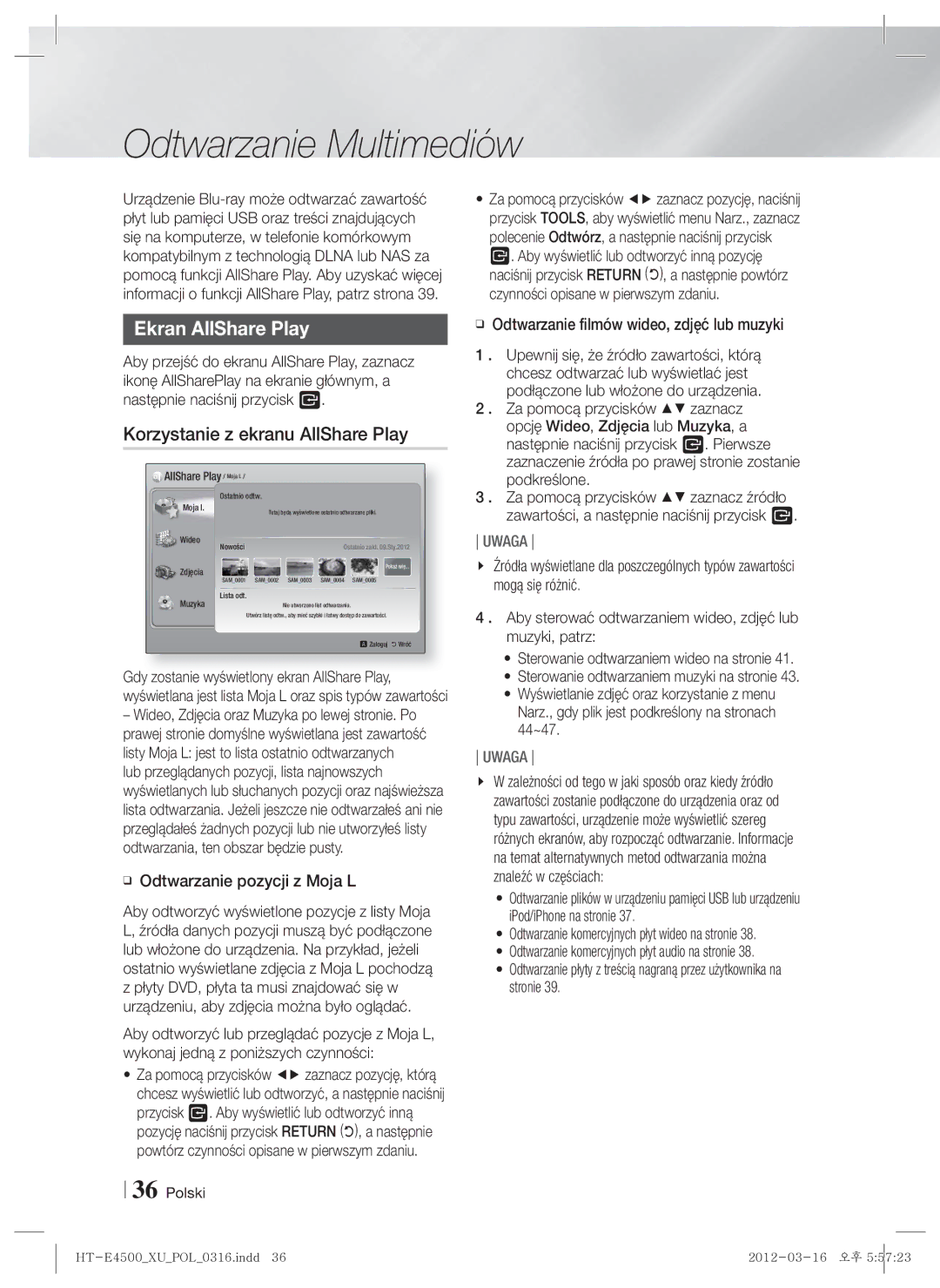 Samsung HT-E4500/EN, HT-E4550/EN manual Odtwarzanie Multimediów, Ekran AllShare Play, Korzystanie z ekranu AllShare Play 