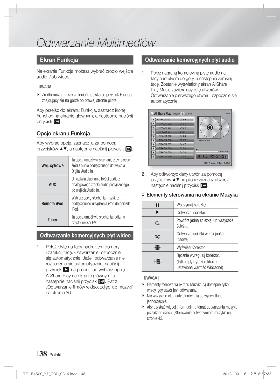 Samsung HT-E4500/EN, HT-E4550/EN manual Ekran Funkcja, Opcje ekranu Funkcja, Odtwarzanie komercyjnych płyt audio 