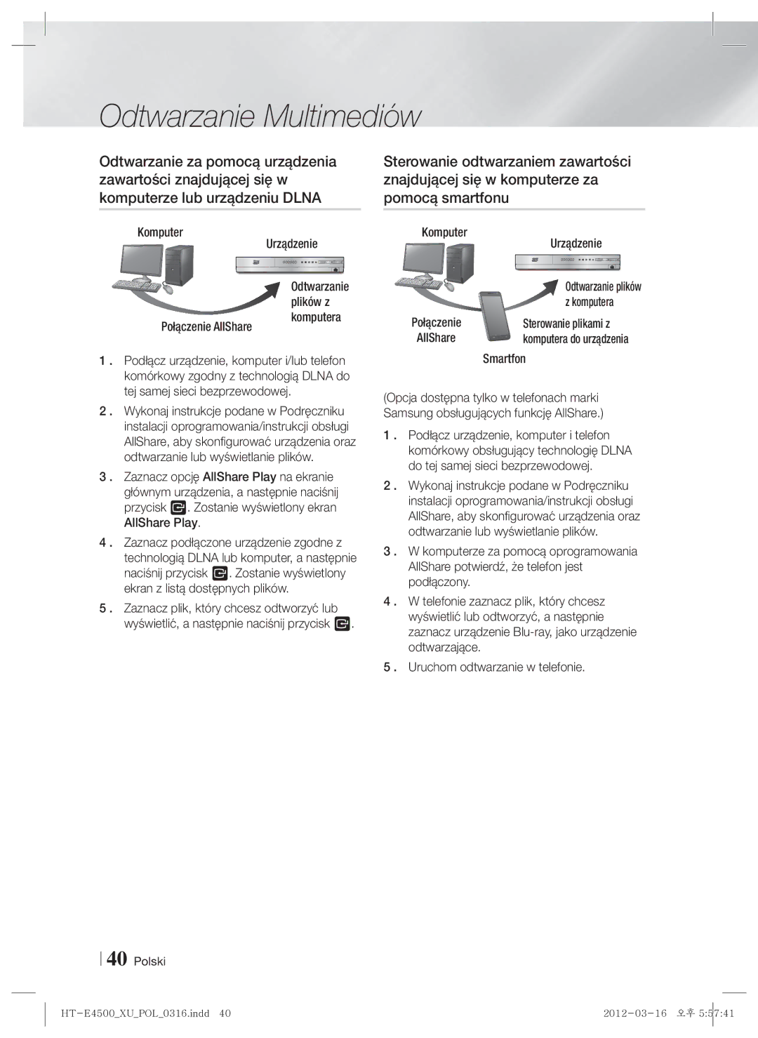 Samsung HT-E4500/EN, HT-E4550/EN manual Komputer Urządzenie, Sterowanie plikami z, Smartfon 