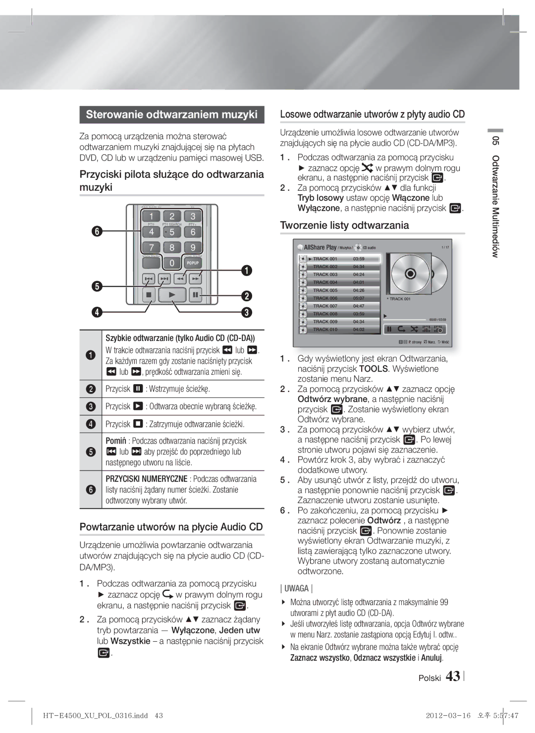 Samsung HT-E4550/EN, HT-E4500/EN manual Sterowanie odtwarzaniem muzyki, Przyciski pilota służące do odtwarzania muzyki 