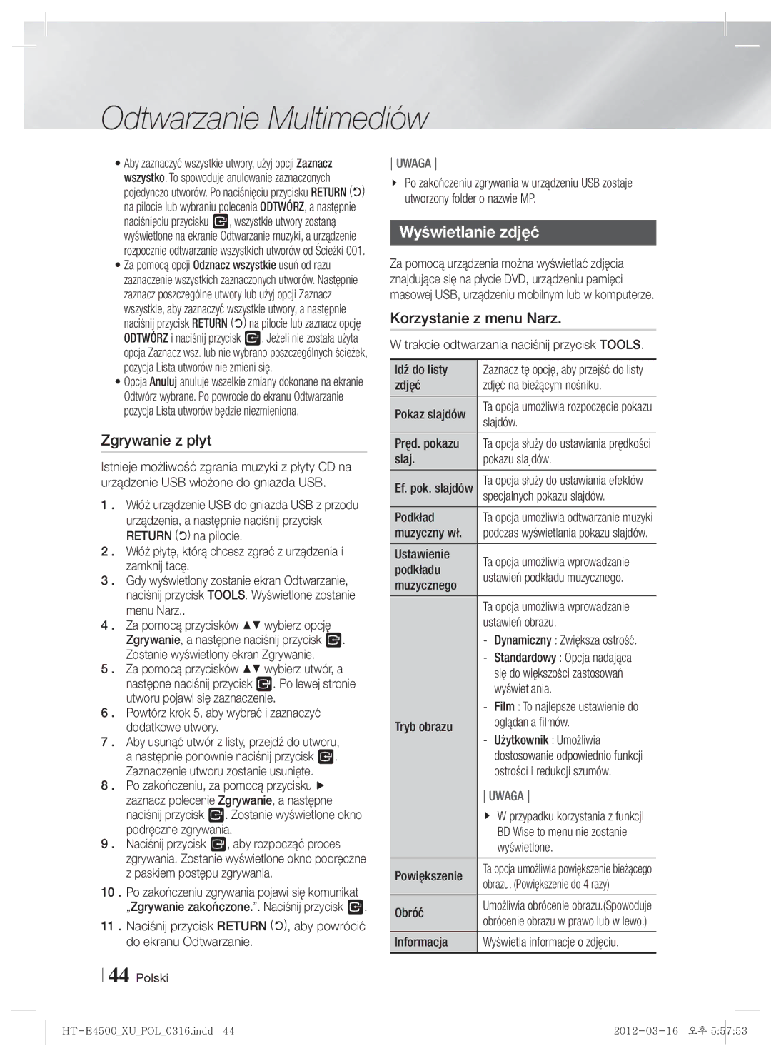 Samsung HT-E4500/EN, HT-E4550/EN manual Zgrywanie z płyt, Wyświetlanie zdjęć 