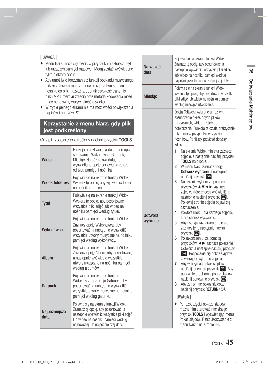 Samsung HT-E4550/EN, HT-E4500/EN manual Korzystanie z menu Narz. gdy plik Jest podkreślony 