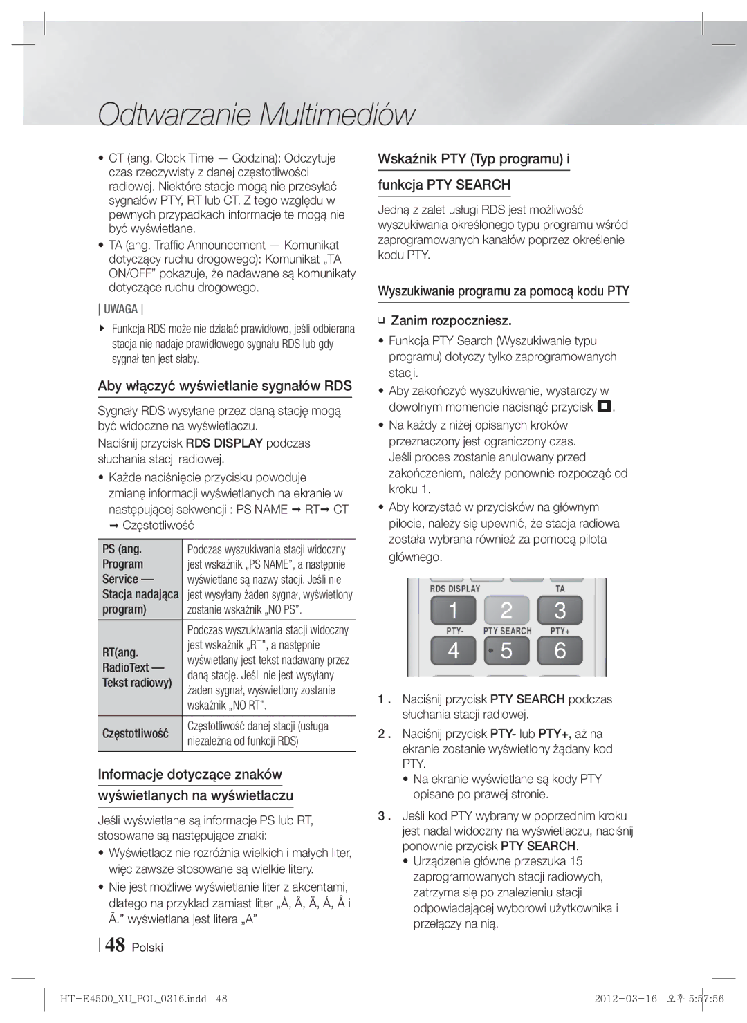 Samsung HT-E4500/EN manual Aby włączyć wyświetlanie sygnałów RDS, Informacje dotyczące znaków Wyświetlanych na wyświetlaczu 