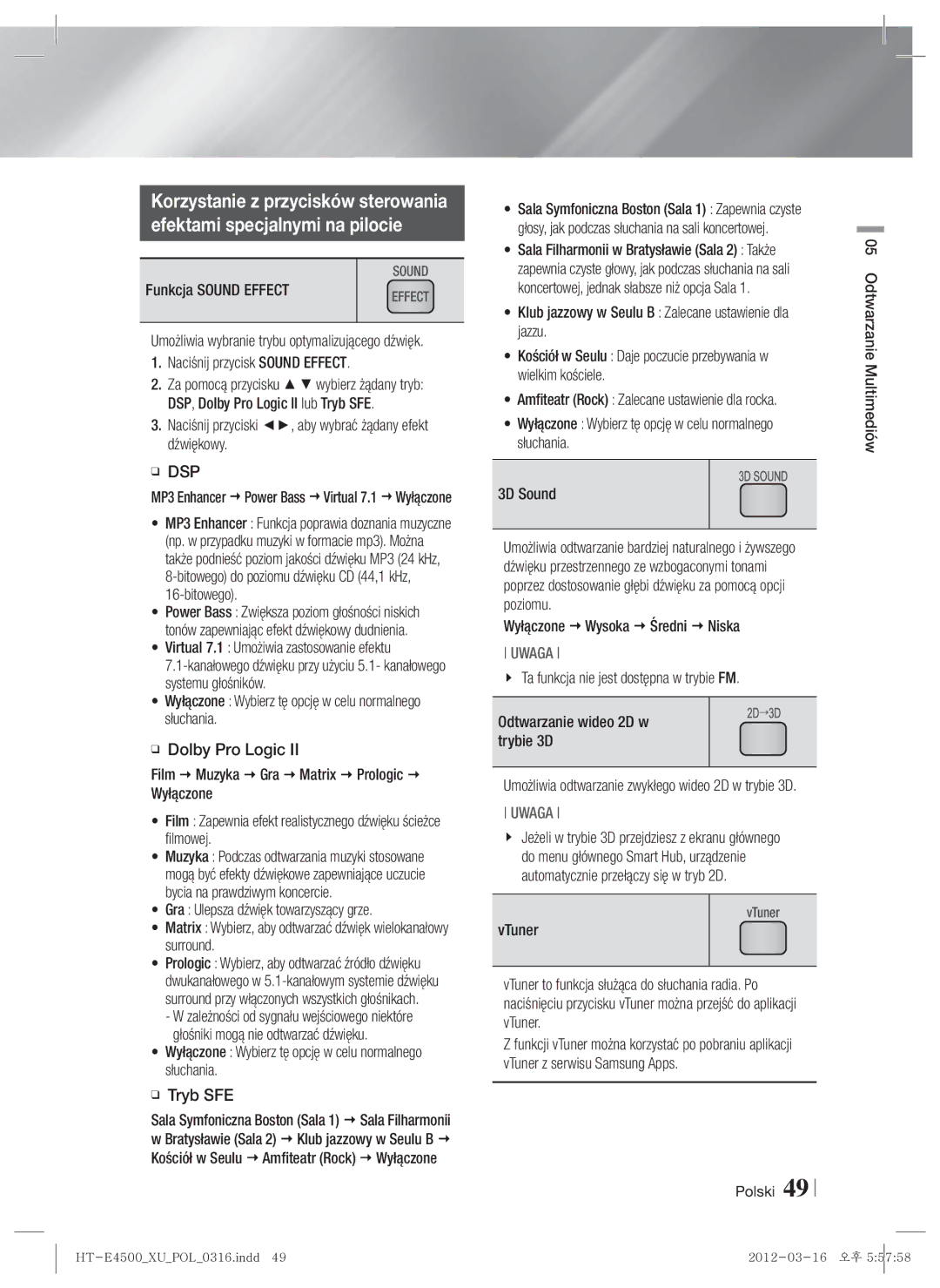 Samsung HT-E4550/EN manual Funkcja Sound Effect, Naciśnij przycisk Sound Effect, Dsp, Wyłączone  Wysoka  Średni  Niska 