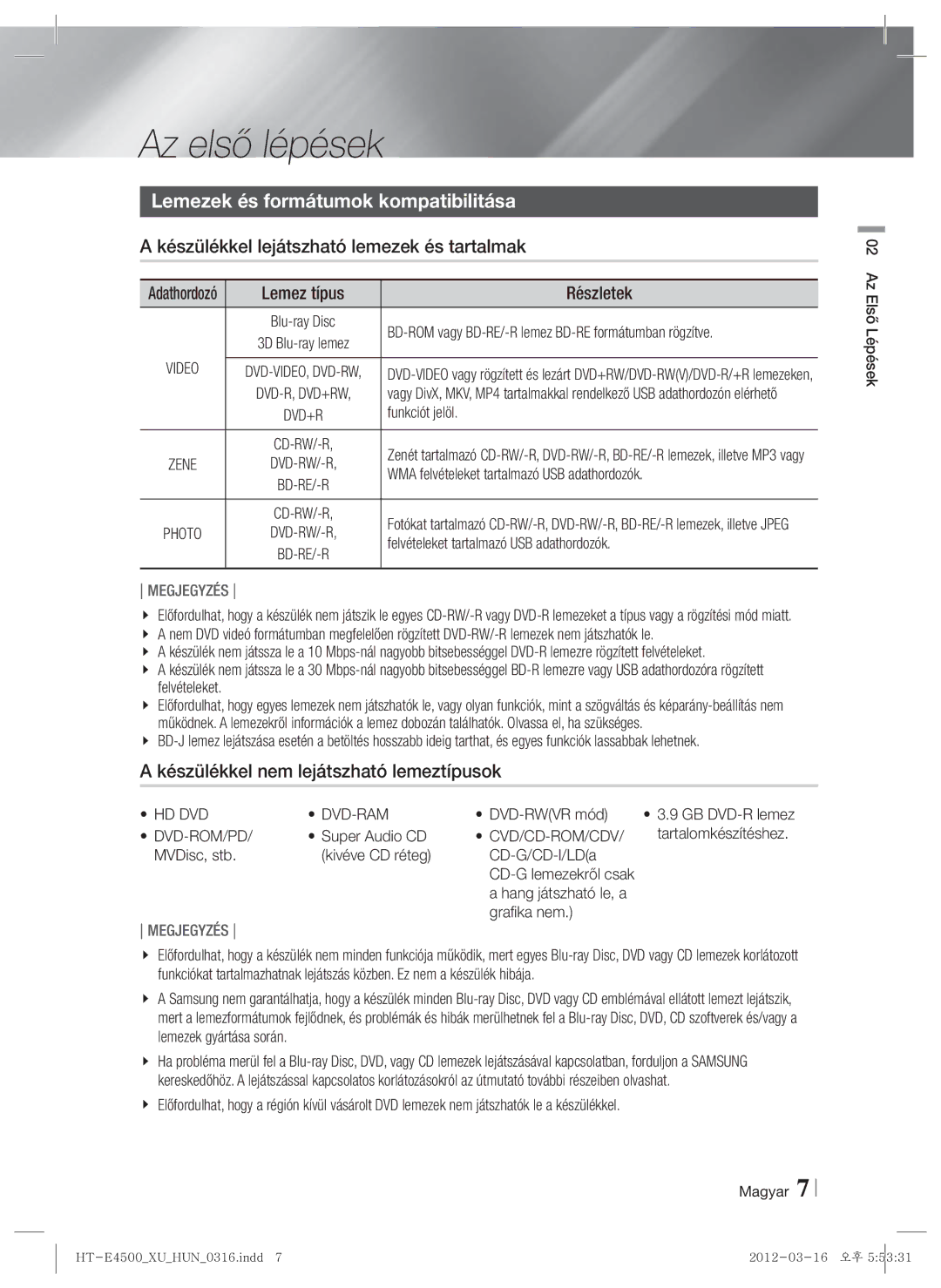 Samsung HT-E4550/EN Az első lépések, Lemezek és formátumok kompatibilitása, Készülékkel lejátszható lemezek és tartalmak 