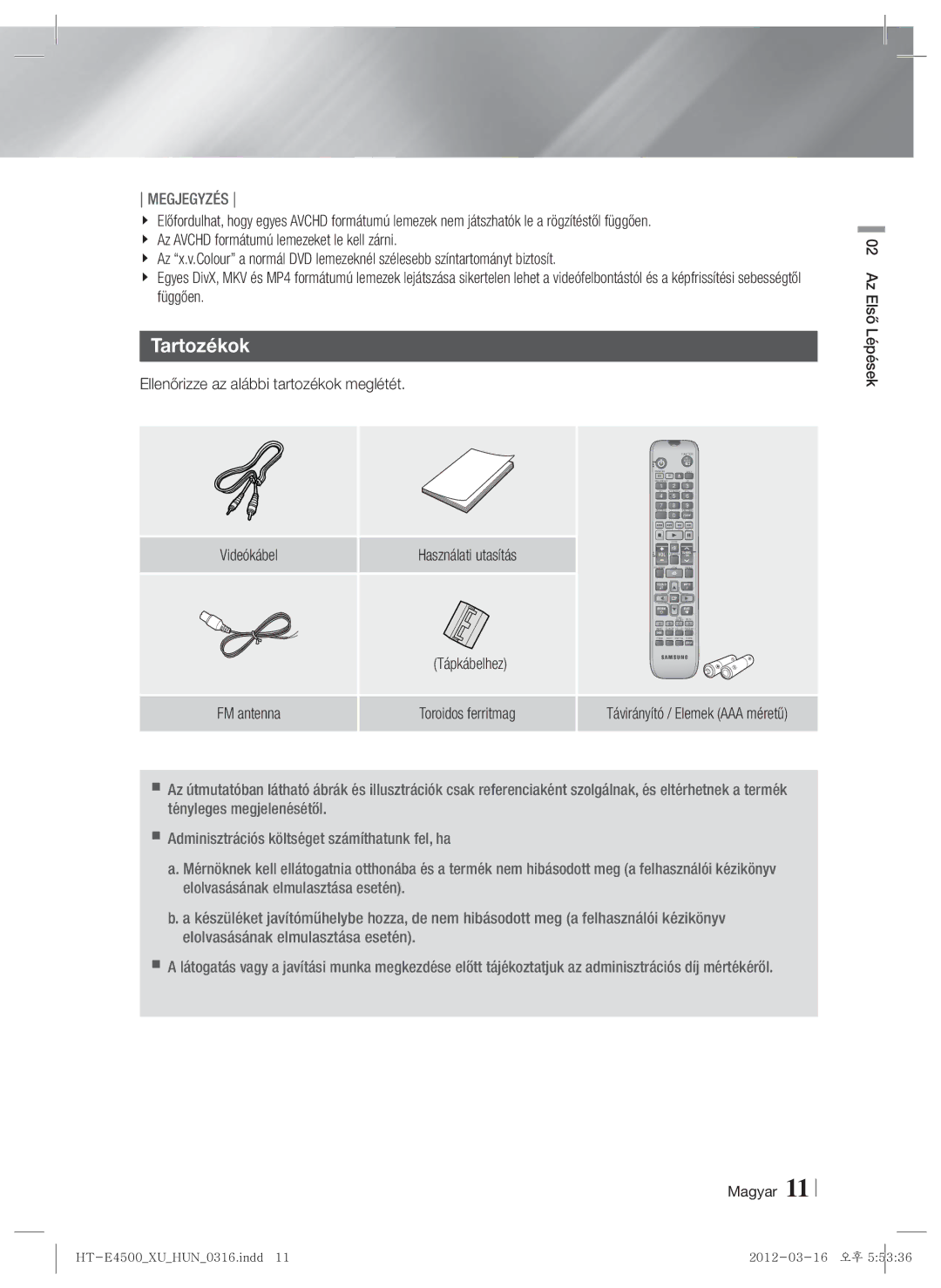 Samsung HT-E4550/EN, HT-E4500/EN manual Tartozékok, Függően, Használati utasítás, Tápkábelhez 