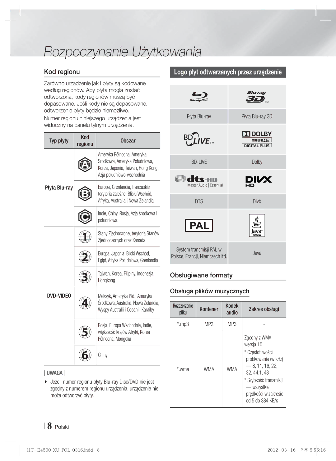 Samsung HT-E4500/EN Kod regionu, Logo płyt odtwarzanych przez urządzenie, Obsługiwane formaty, Obsługa plików muzycznych 