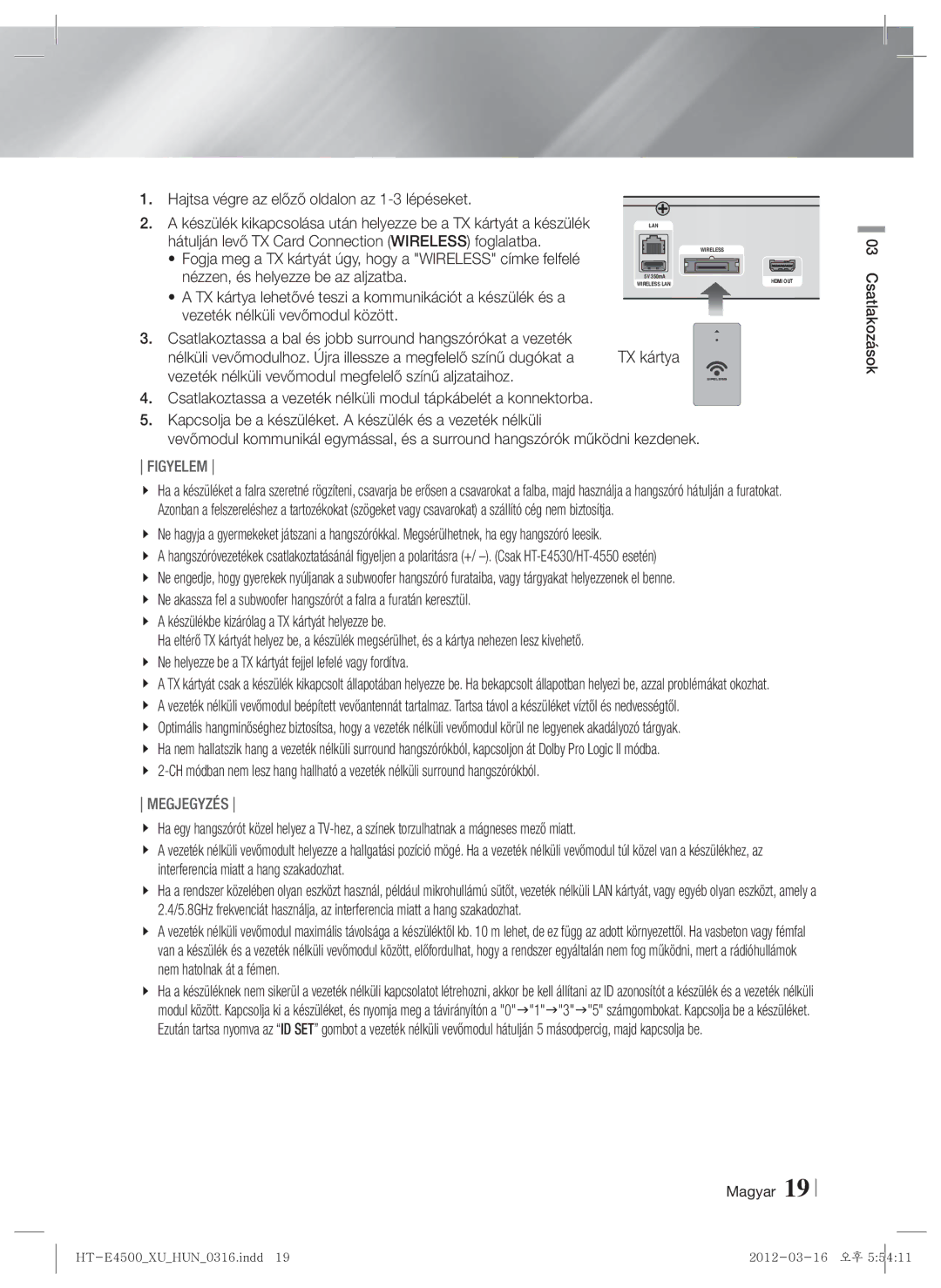 Samsung HT-E4550/EN Hajtsa végre az előző oldalon az 1-3 lépéseket, Hátulján levő TX Card Connection Wireless foglalatba 