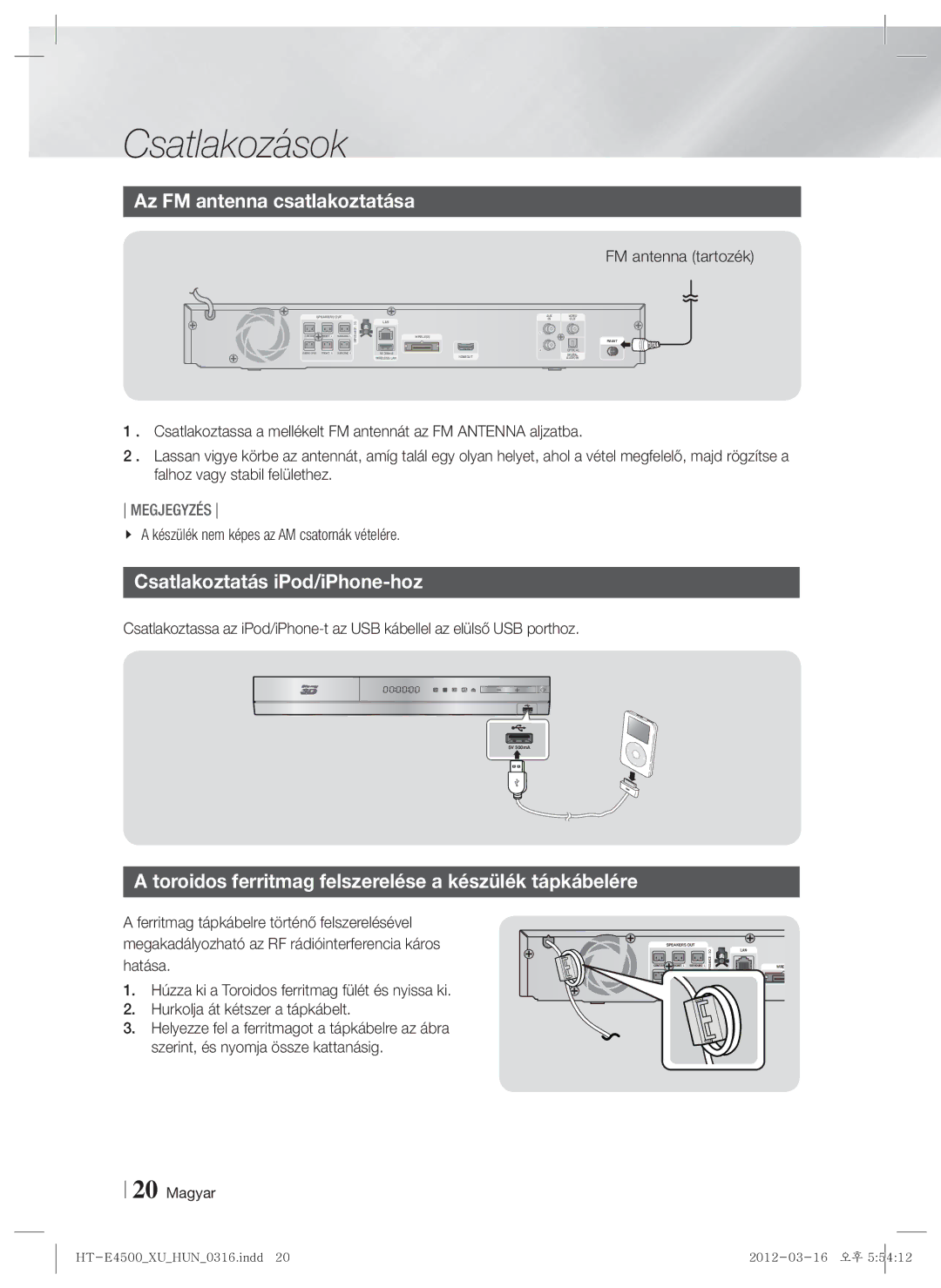 Samsung HT-E4500/EN, HT-E4550/EN manual Az FM antenna csatlakoztatása, Csatlakoztatás iPod/iPhone-hoz, FM antenna tartozék 