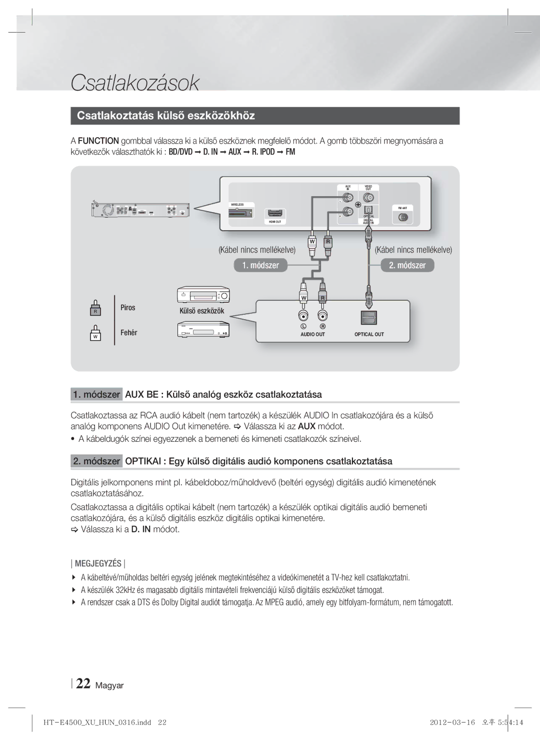 Samsung HT-E4500/EN manual Csatlakoztatás külső eszközökhöz, Módszer AUX be Külső analóg eszköz csatlakoztatása, Piros 