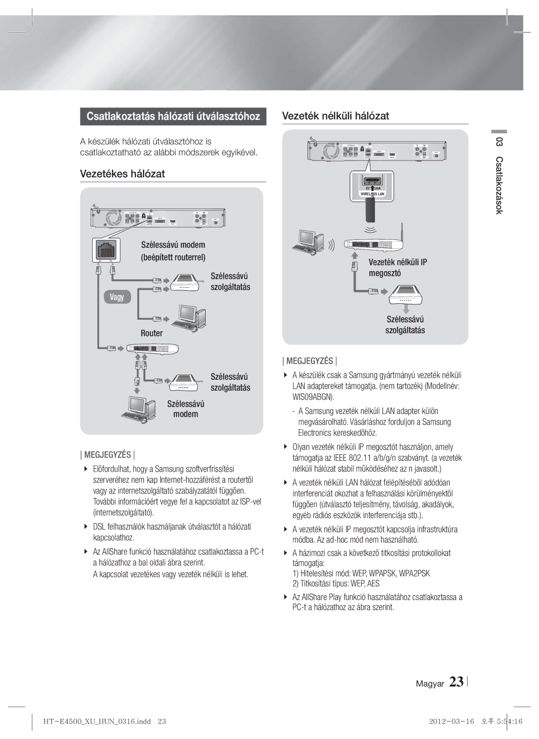 Samsung HT-E4550/EN, HT-E4500/EN manual Vezetékes hálózat, Router Szélessávú Szolgáltatás Modem 