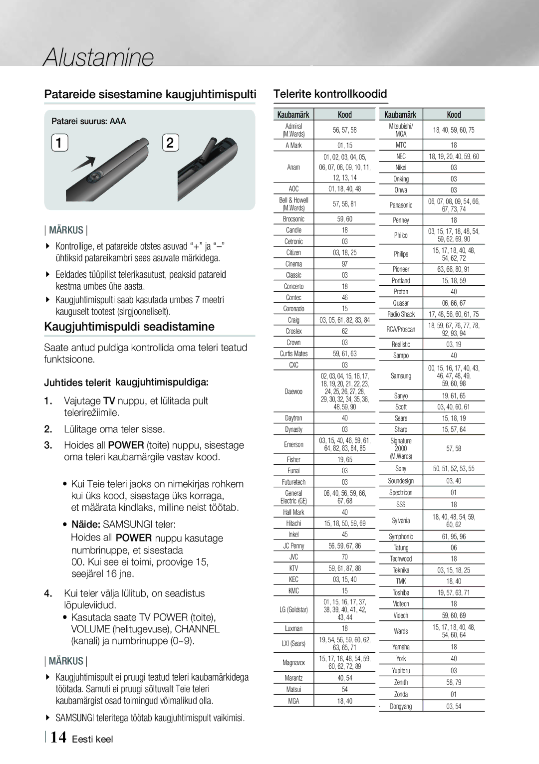 Samsung HT-E4500/EN manual Patareide sisestamine kaugjuhtimispulti, Kaugjuhtimispuldi seadistamine, Telerite kontrollkoodid 