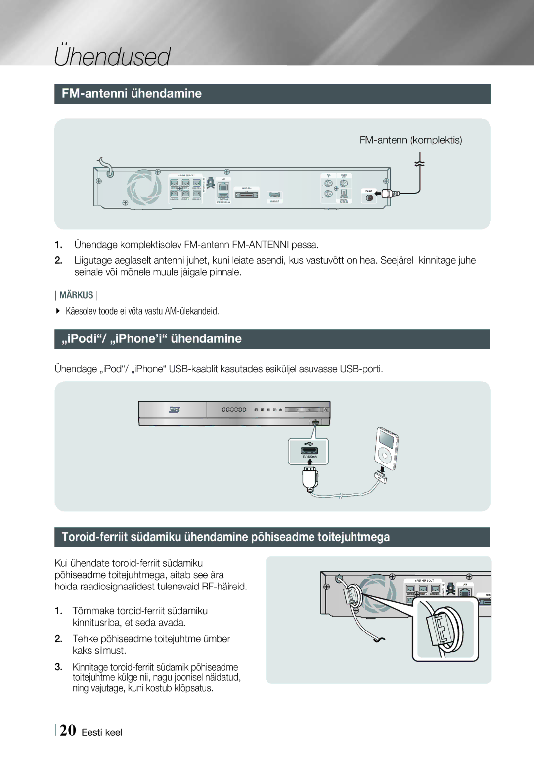 Samsung HT-E4500/EN, HT-E4550/EN manual FM-antenni ühendamine, „iPodi/ „iPhone’i ühendamine, FM-antenn komplektis 